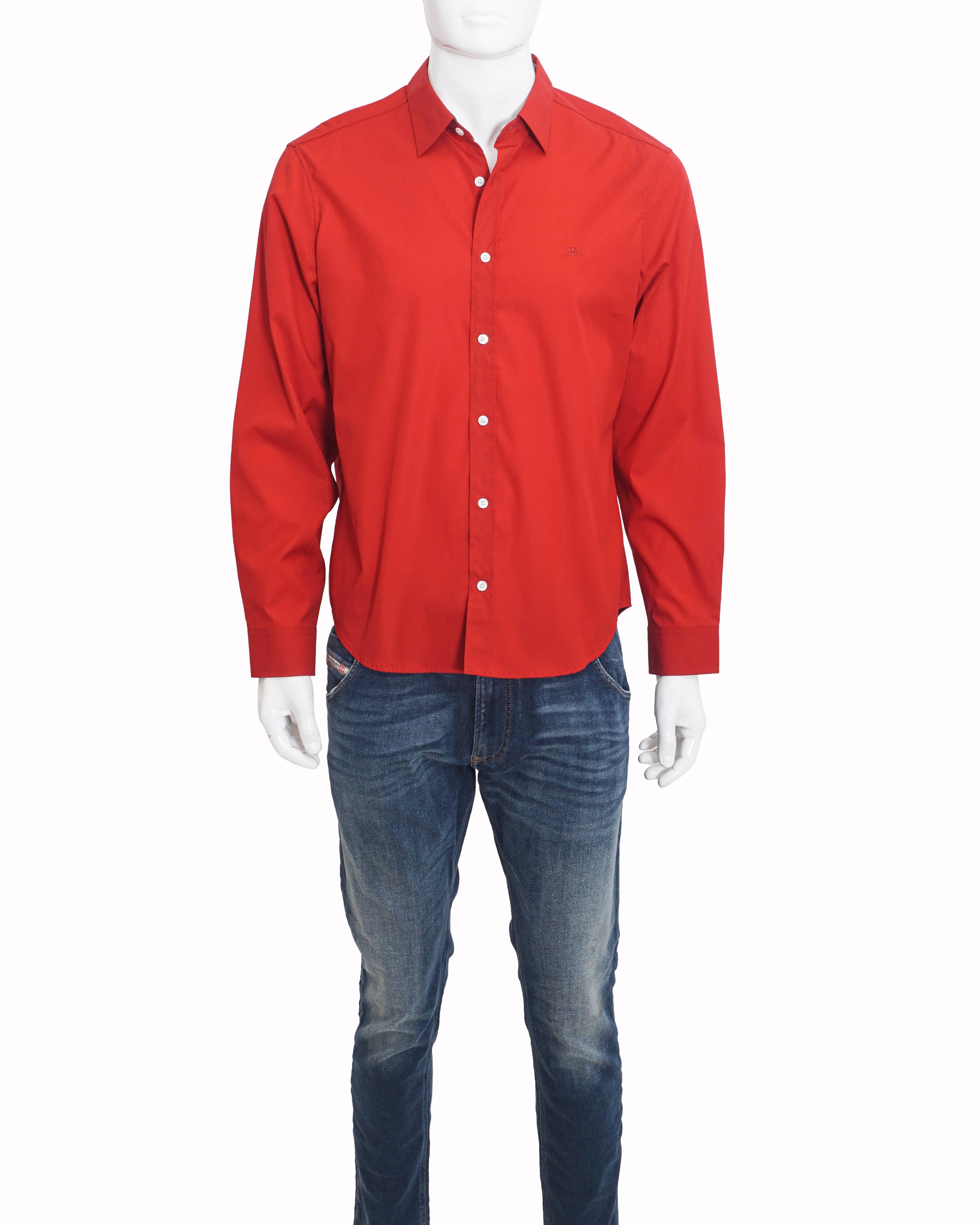 Burberry Men's Red Cotton Inner Check Accent Button-Down Shirt