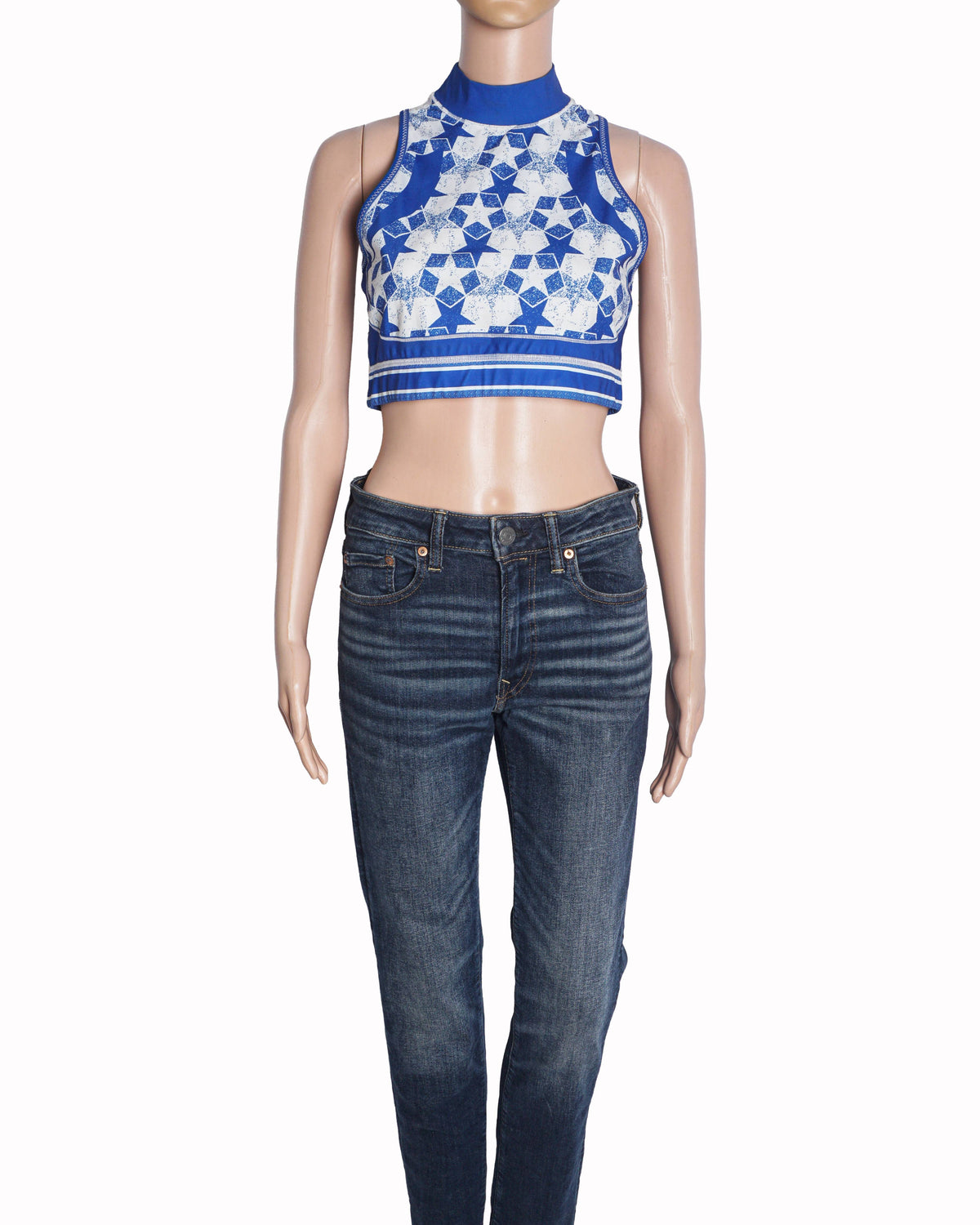 Christian Dior Blue & White Star Print Mock Neck Crop Top