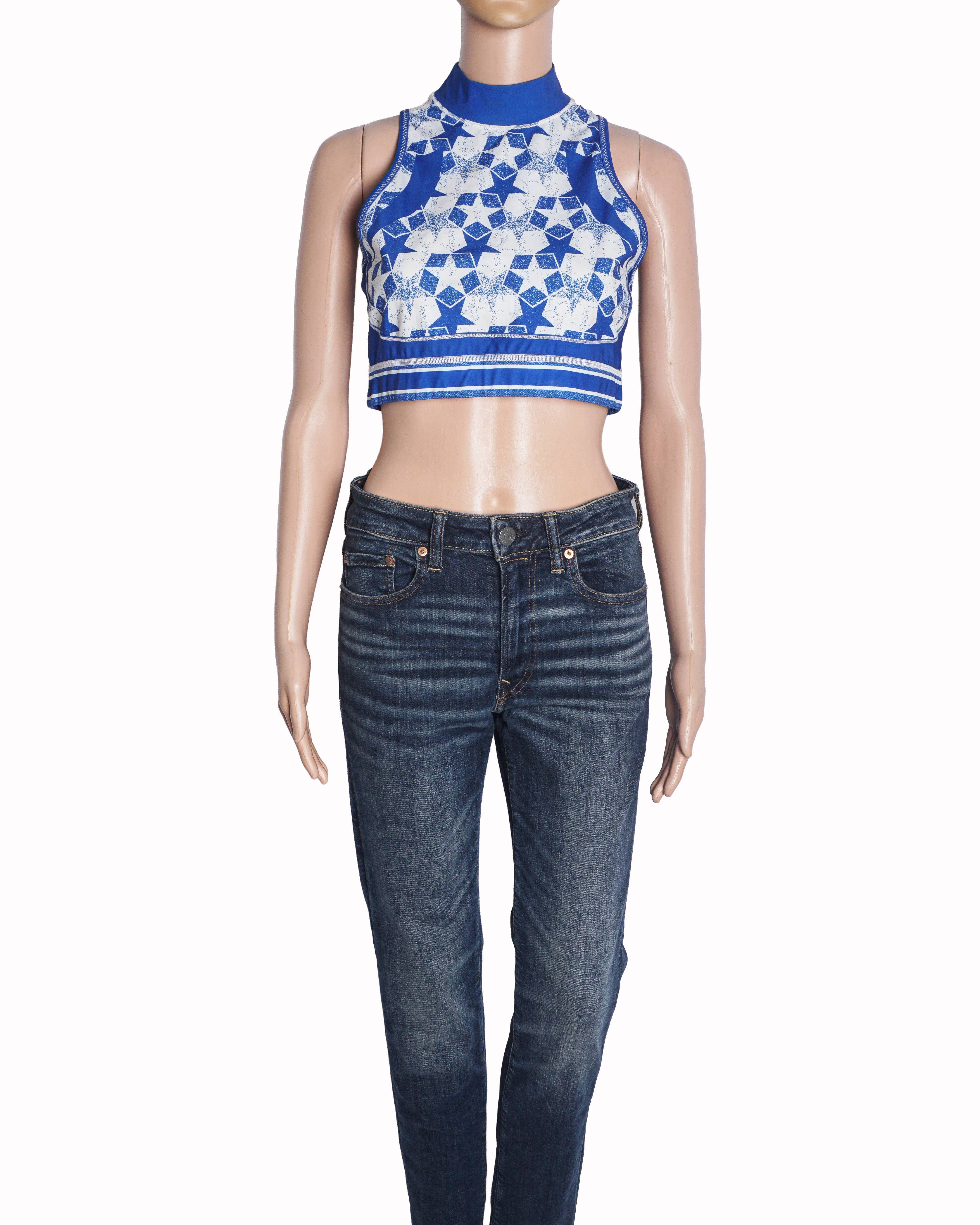 Christian Dior Blue & White Star Print Mock Neck Crop Top