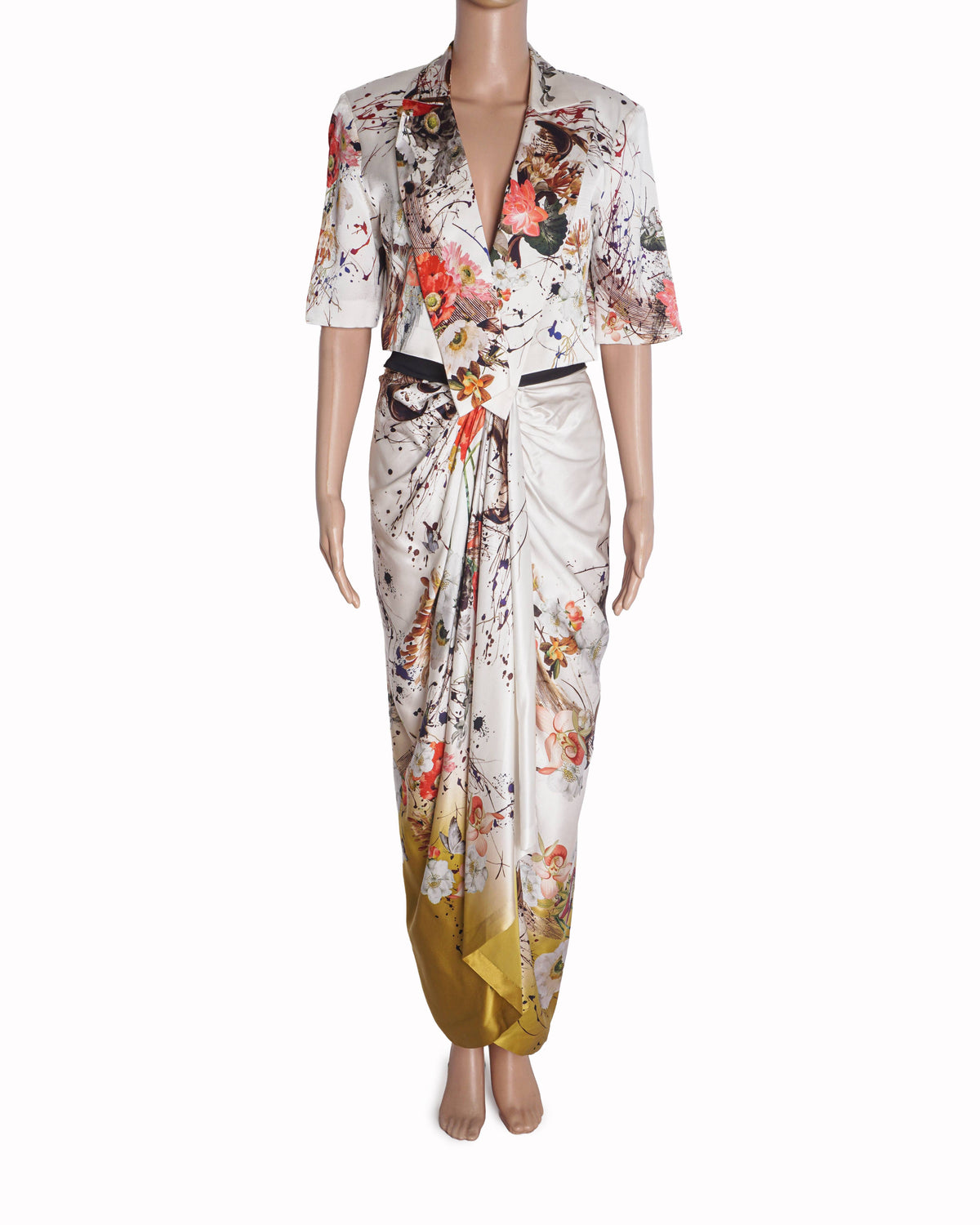 AK-OK by Anamika Khanna White Printed Cropped Jacket & Draped Skirt Set