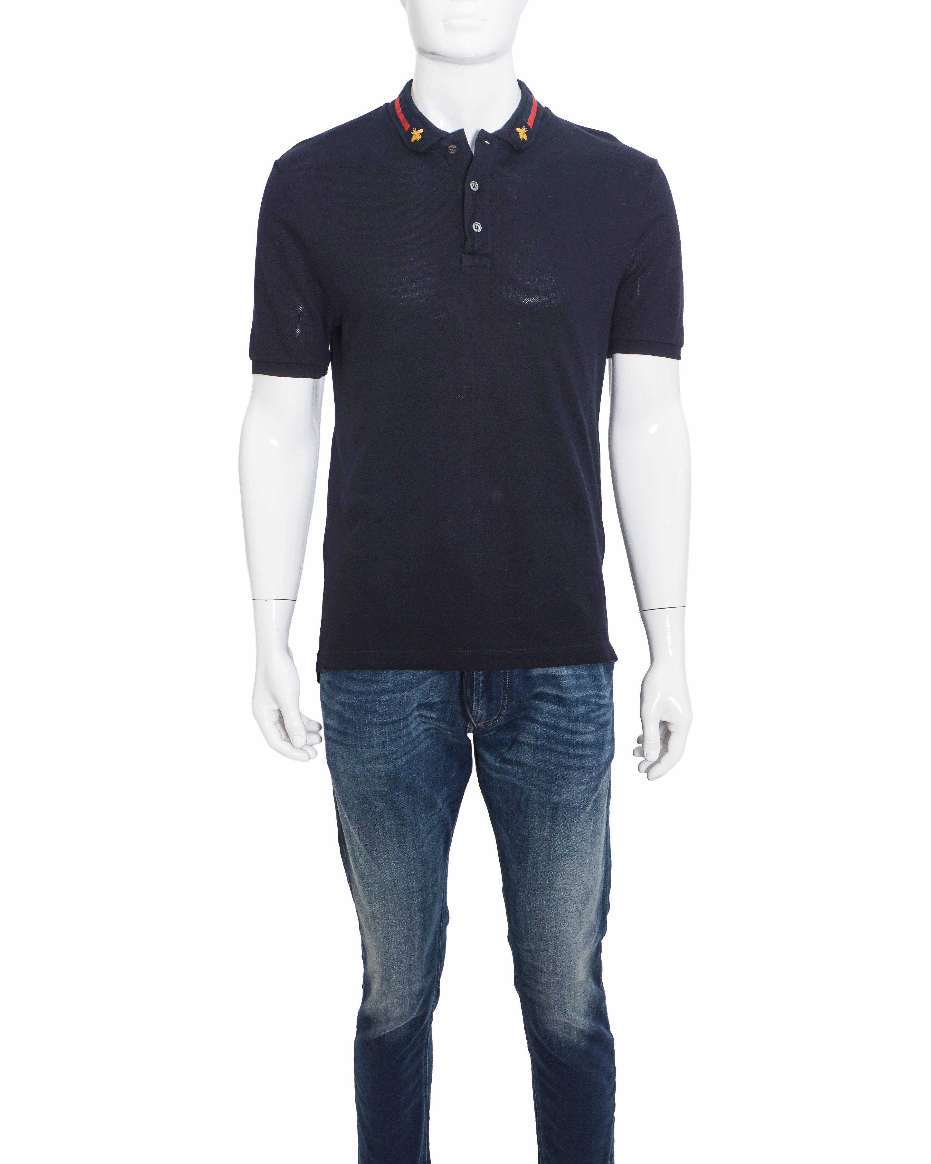 Gucci Navy Blue Web Stripe & Embroidered Bee Polo T-Shirt