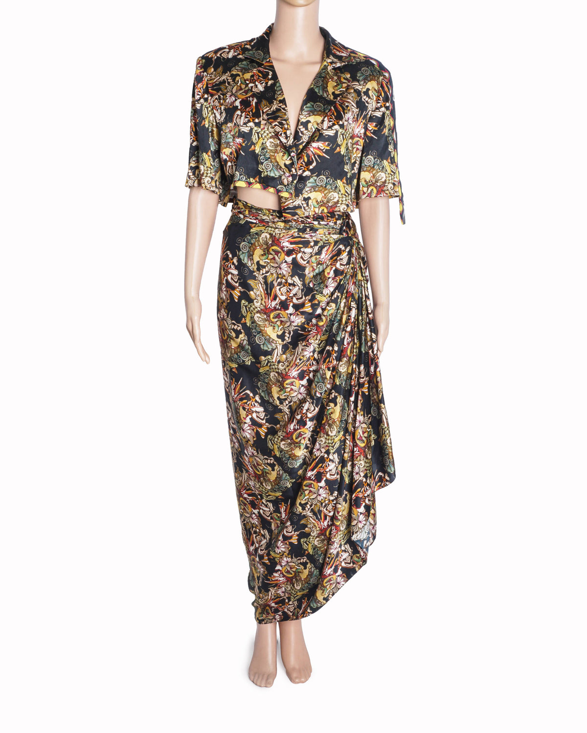 AK-OK Printed Cropped Jacket & Draped Skirt Set