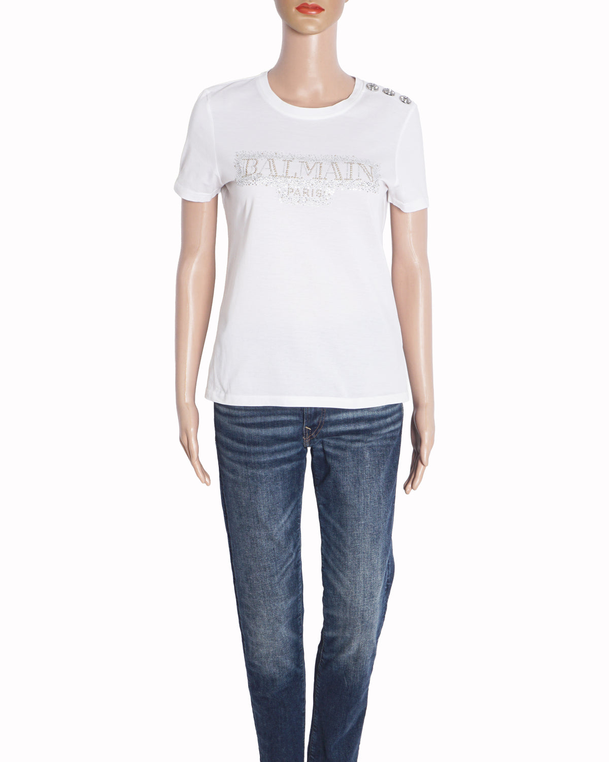 Balmain White Cotton Rhinestone Logo T-Shirt with Silver Buttons