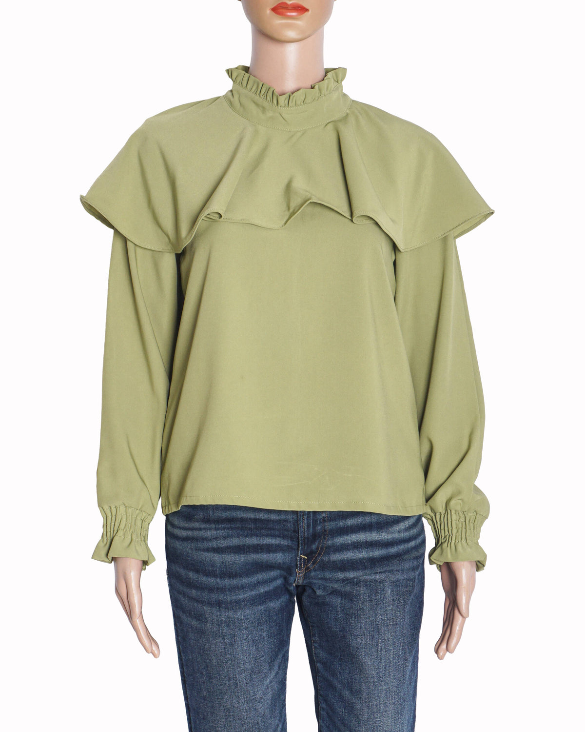 Dolce & Gabbana Sage Green Silk Ruffled High-Neck Top