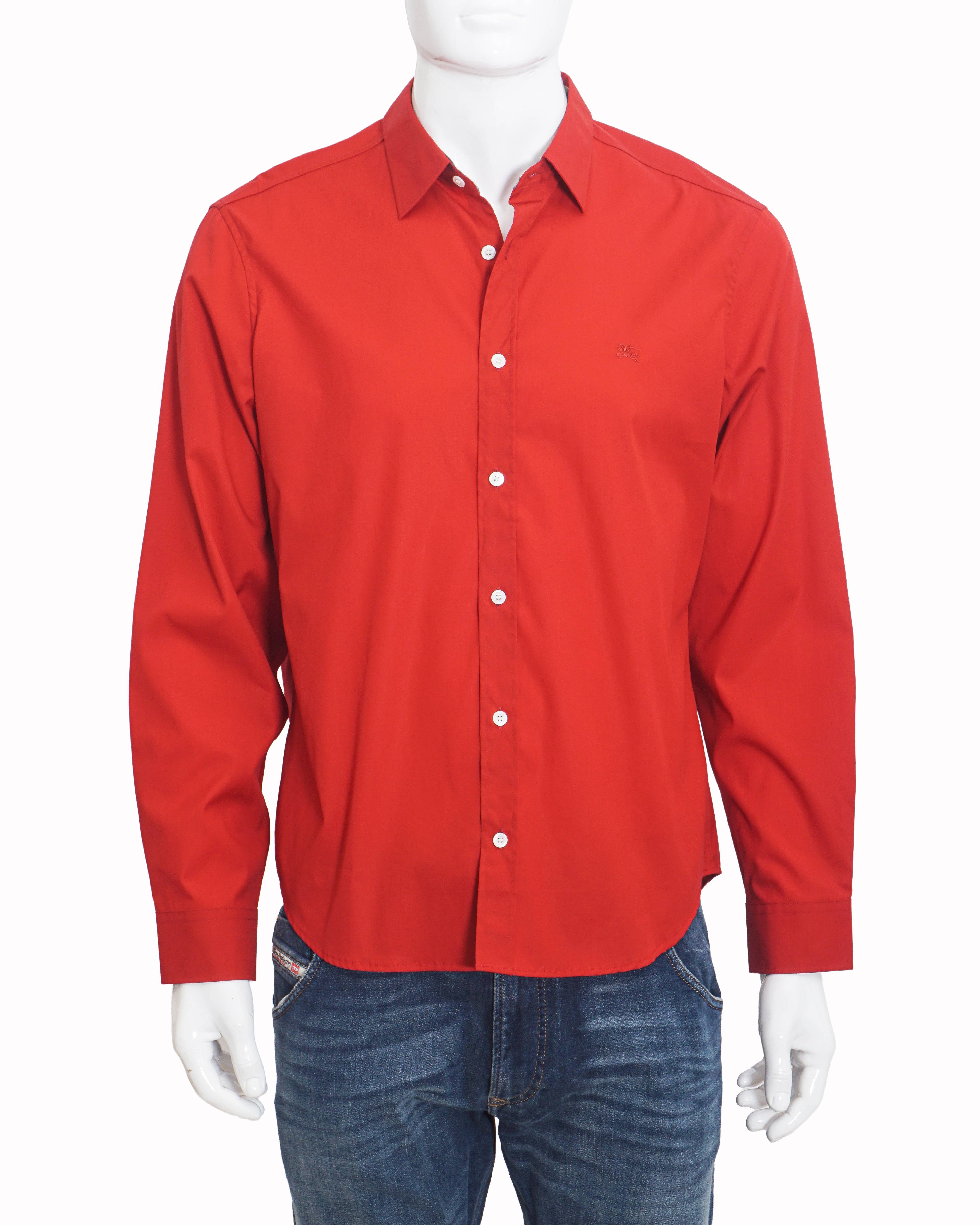 Burberry Men's Red Cotton Inner Check Accent Button-Down Shirt