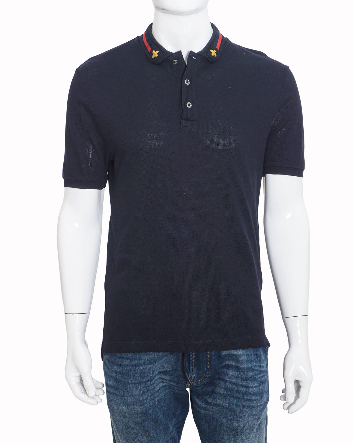 Gucci Navy Blue Web Stripe & Embroidered Bee Polo T-Shirt