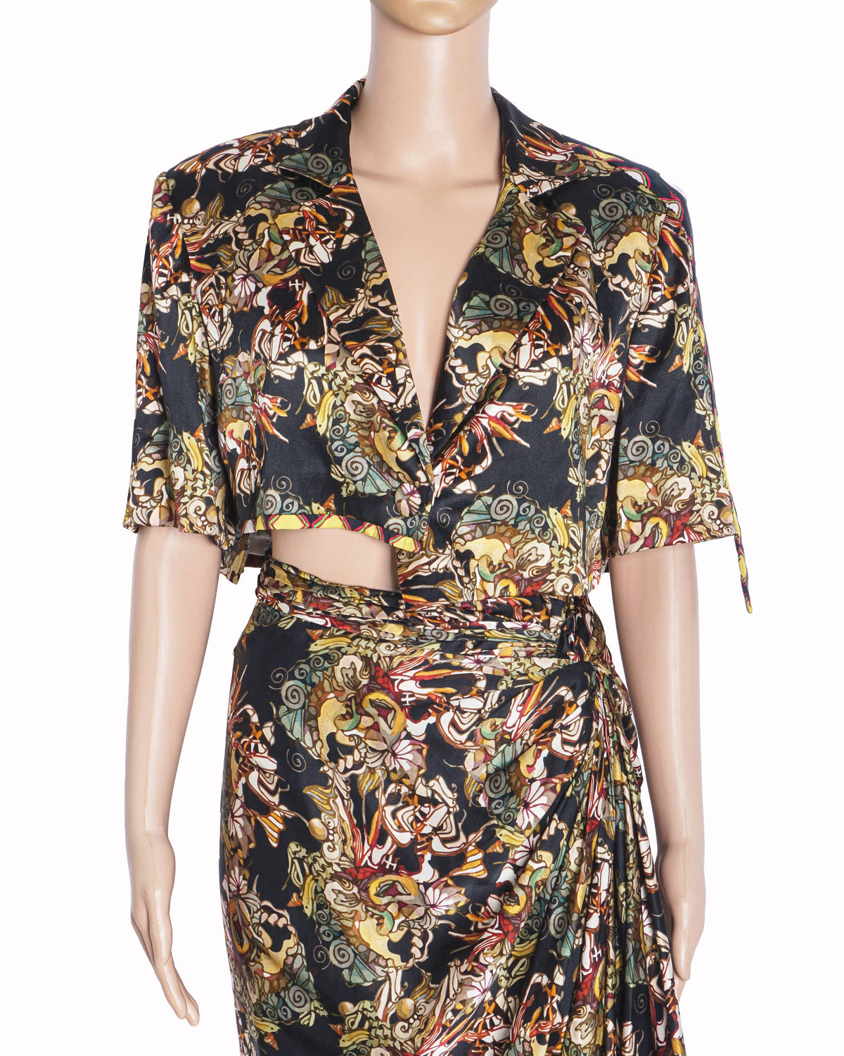 AK-OK Printed Cropped Jacket & Draped Skirt Set