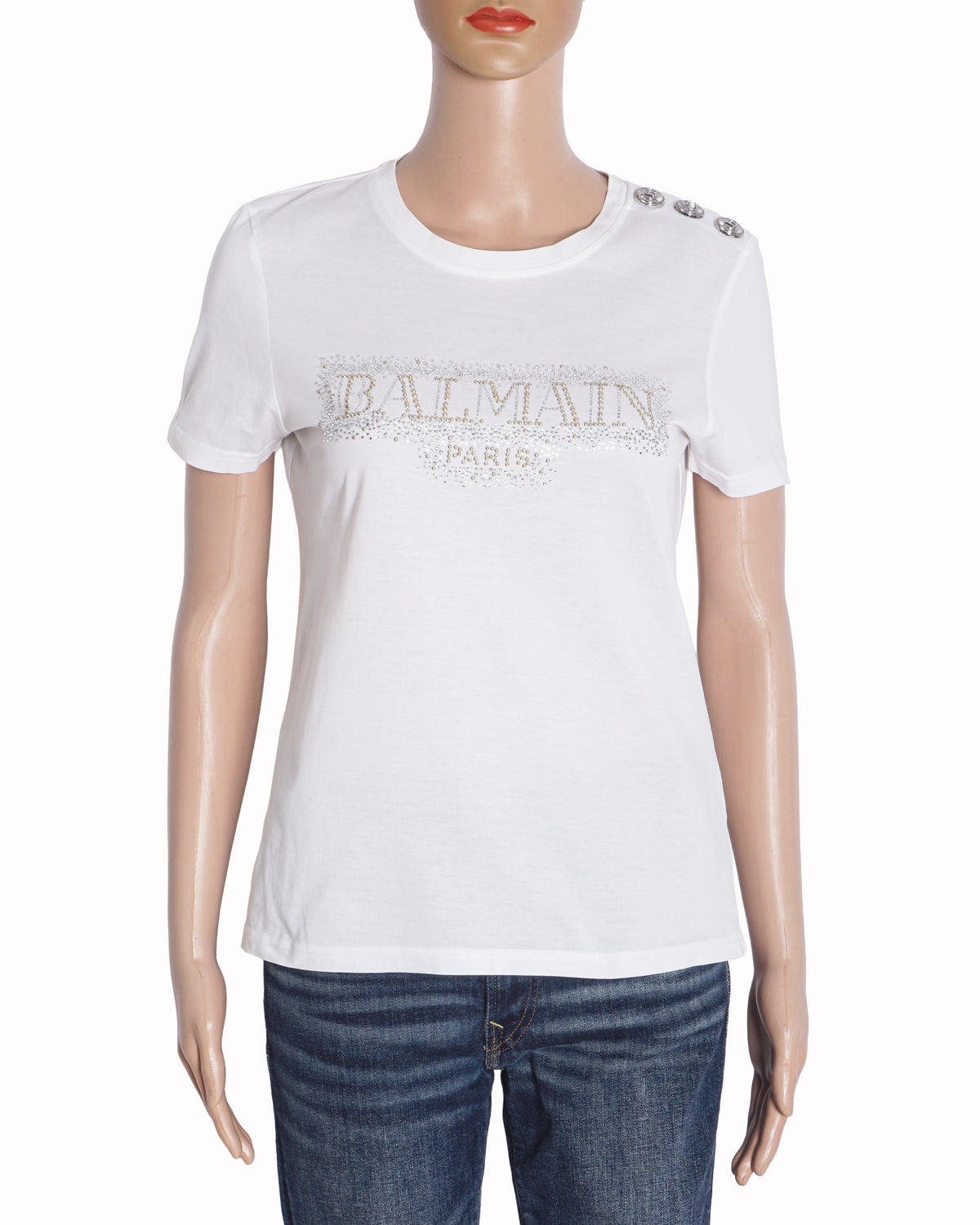 Balmain White Cotton Rhinestone Logo T-Shirt with Silver Buttons