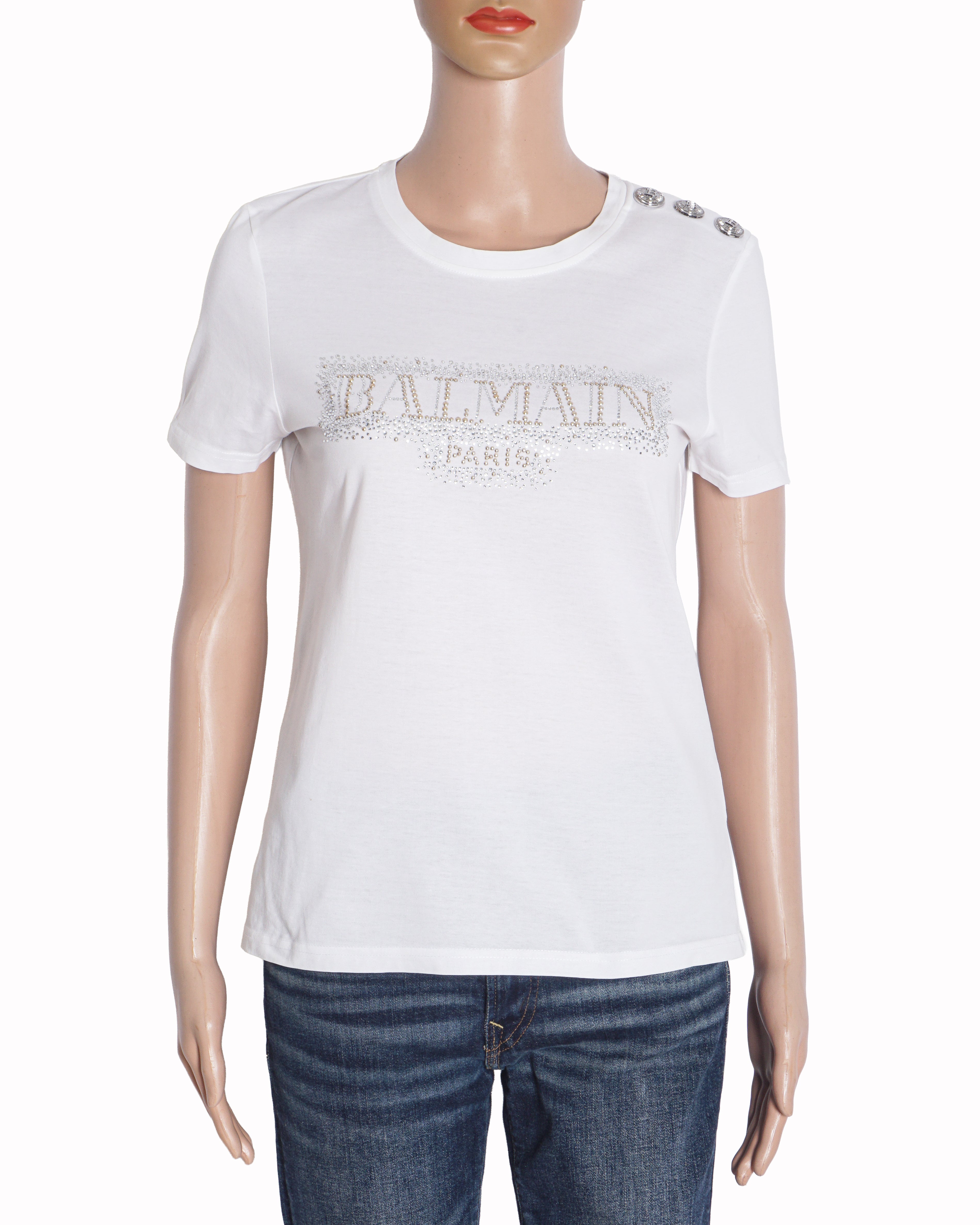 Balmain White Cotton Rhinestone Logo T-Shirt with Silver Buttons