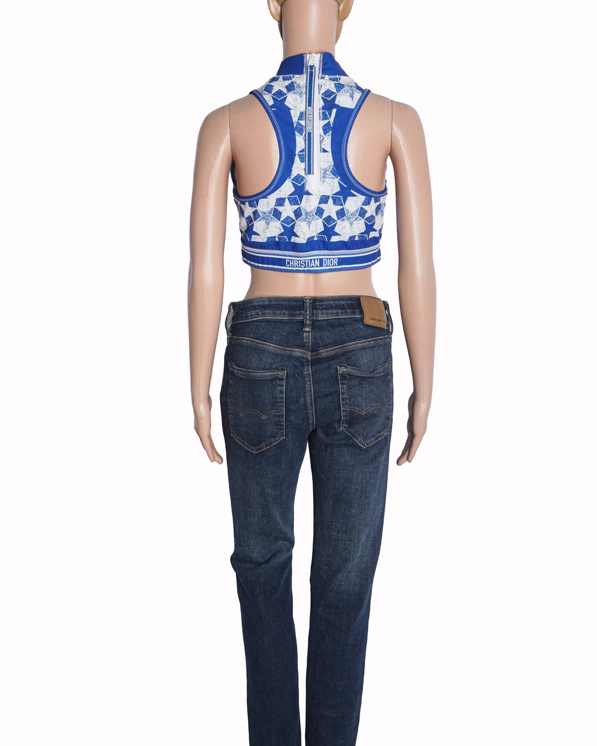 Christian Dior Blue & White Star Print Mock Neck Crop Top