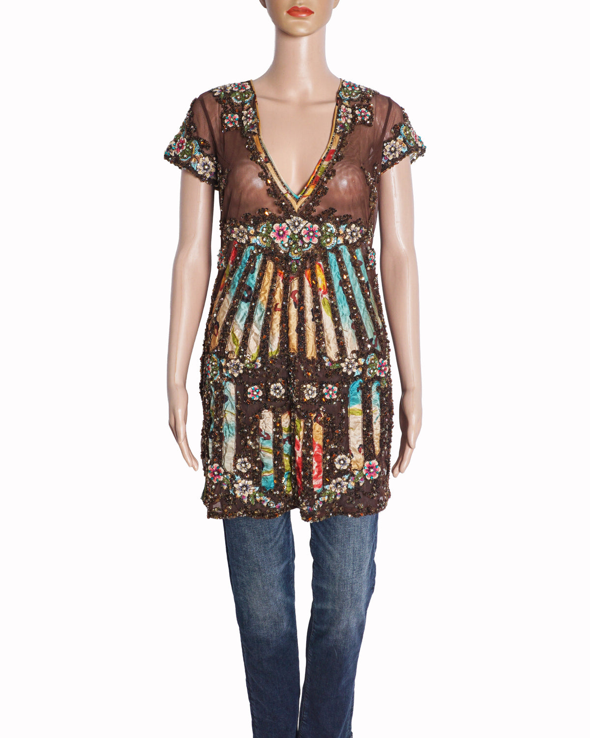 Falguni Shane Peacock Brown Sheer Heavily Embellished Floral Kurta