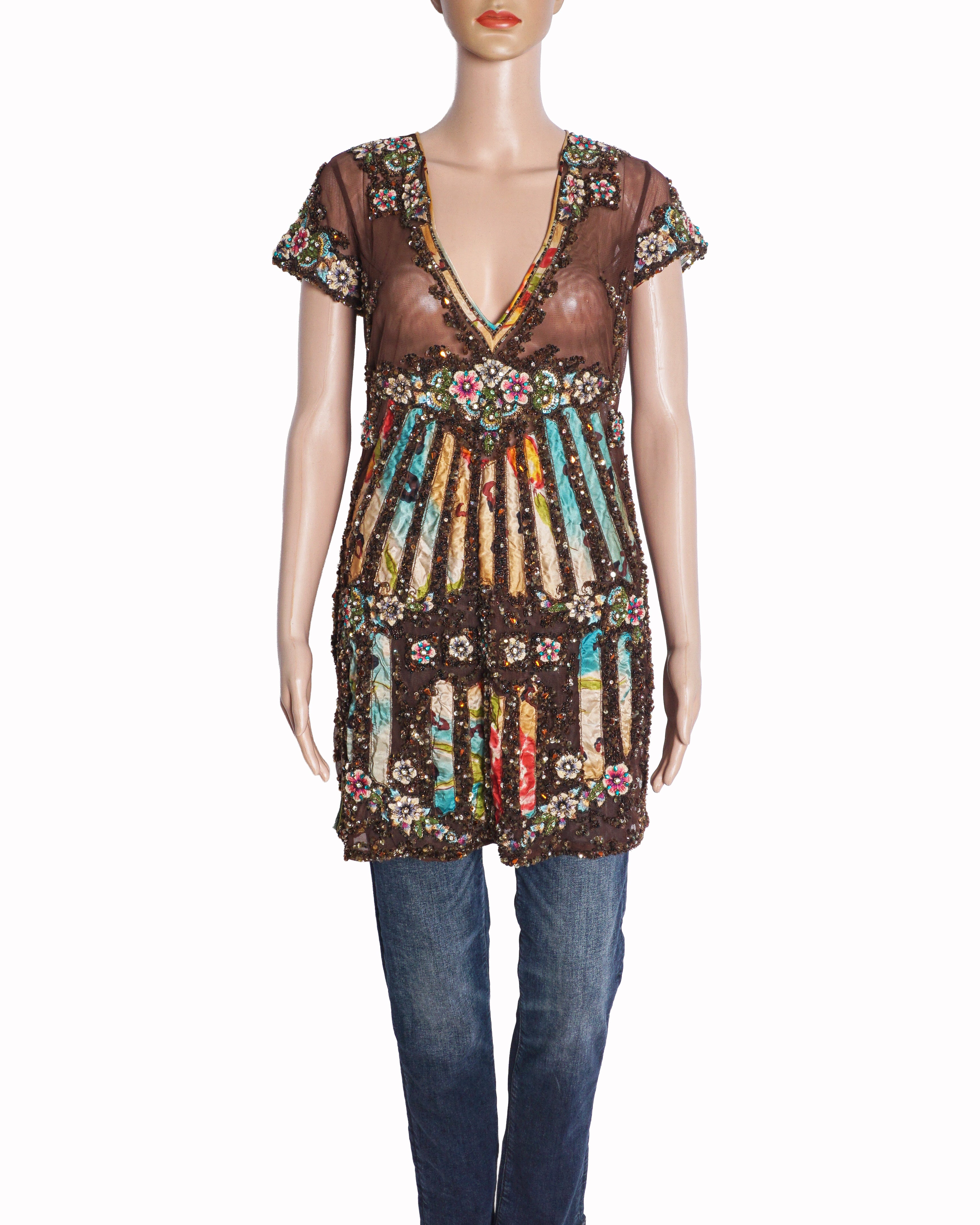 Falguni Shane Peacock Brown Sheer Heavily Embellished Floral Kurta