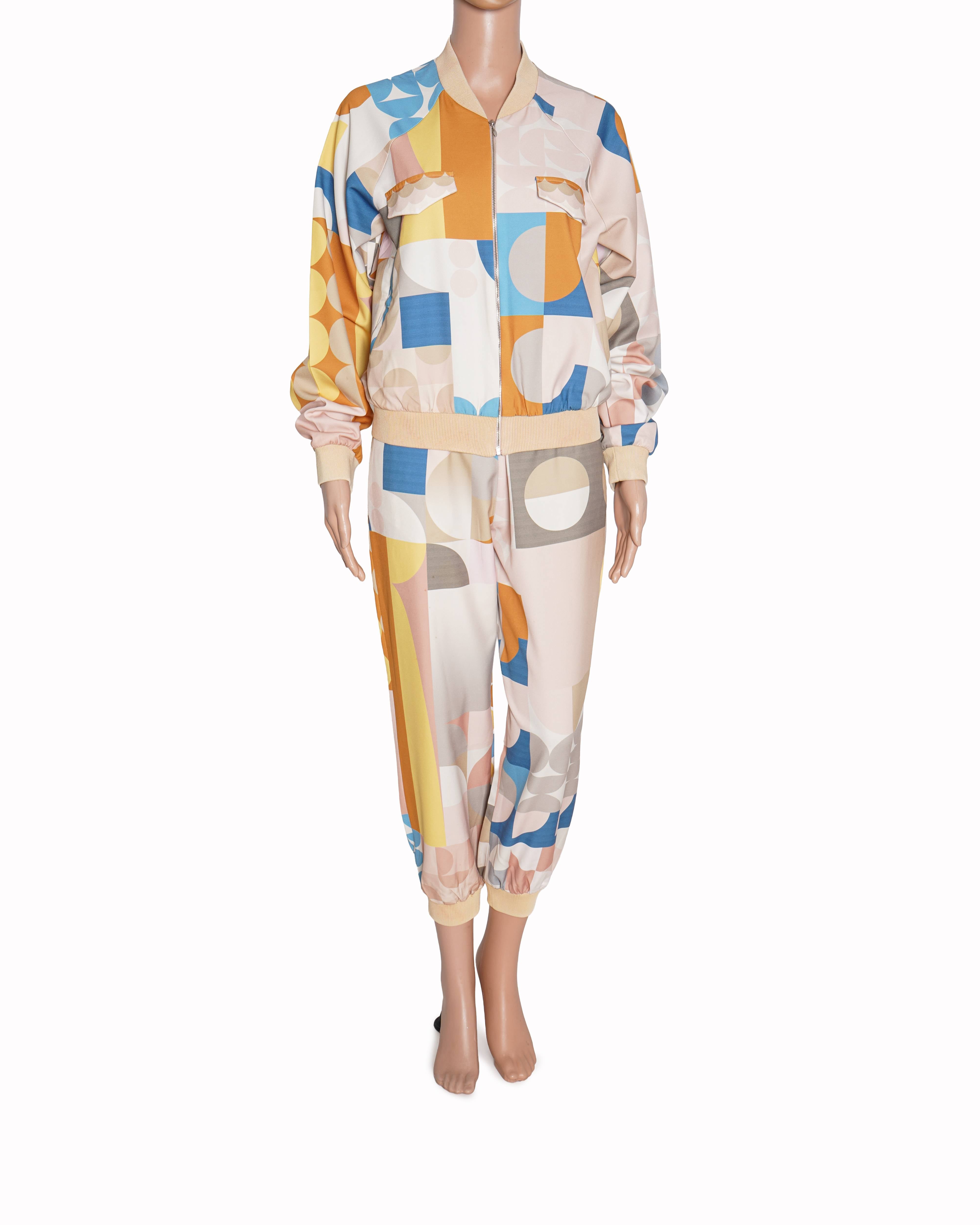 Pankaj & Nidhi Multi Color Polyester Band Collar Printed Bomber Jacket And Jogger Set