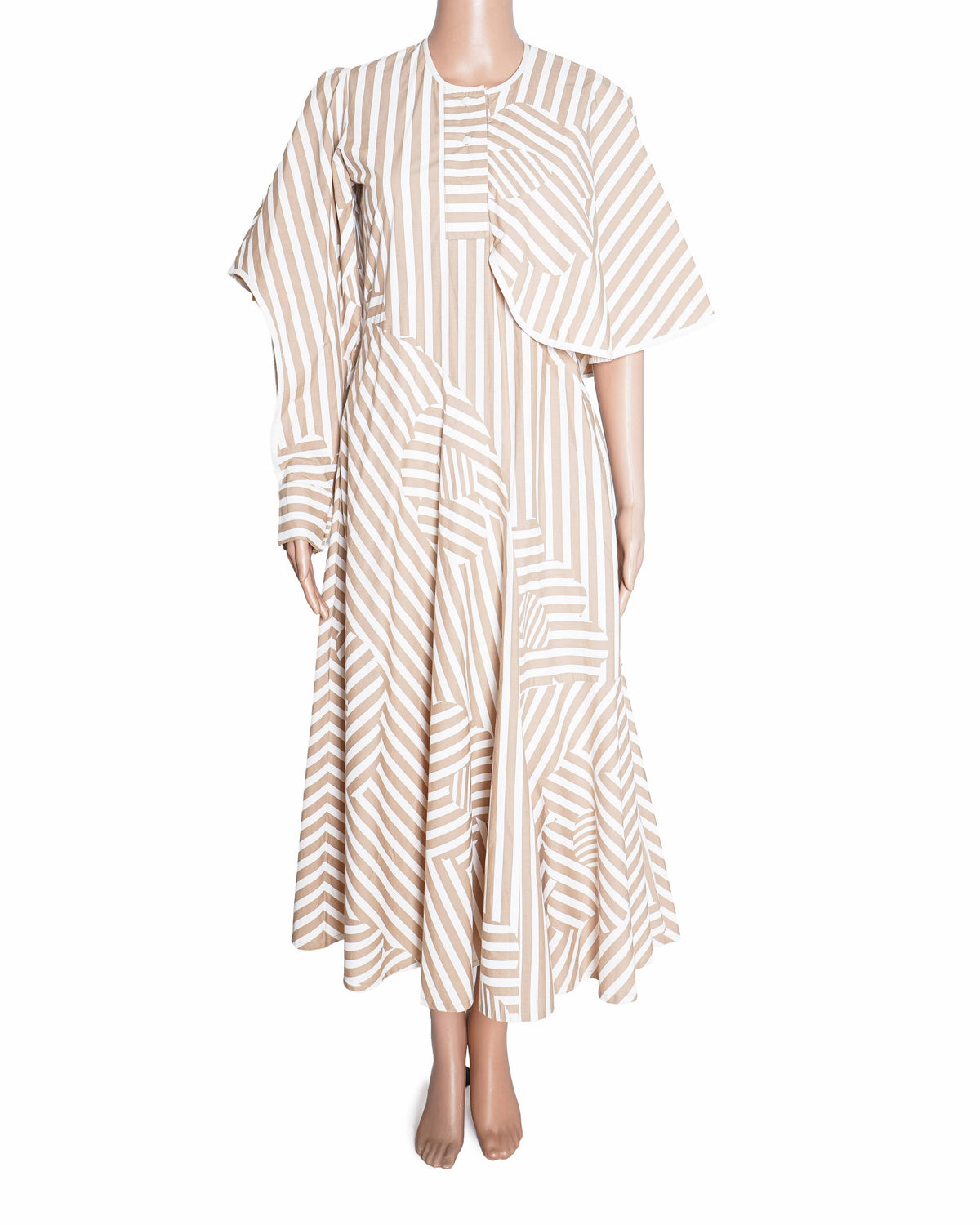 Lovebirds Stripe Asymmetric Midi Dress In White & Beige