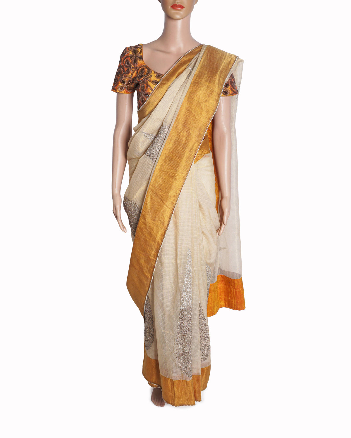 Anamika Khanna Beige Chanderi Silk Saree with Orange Embroidered Blouse