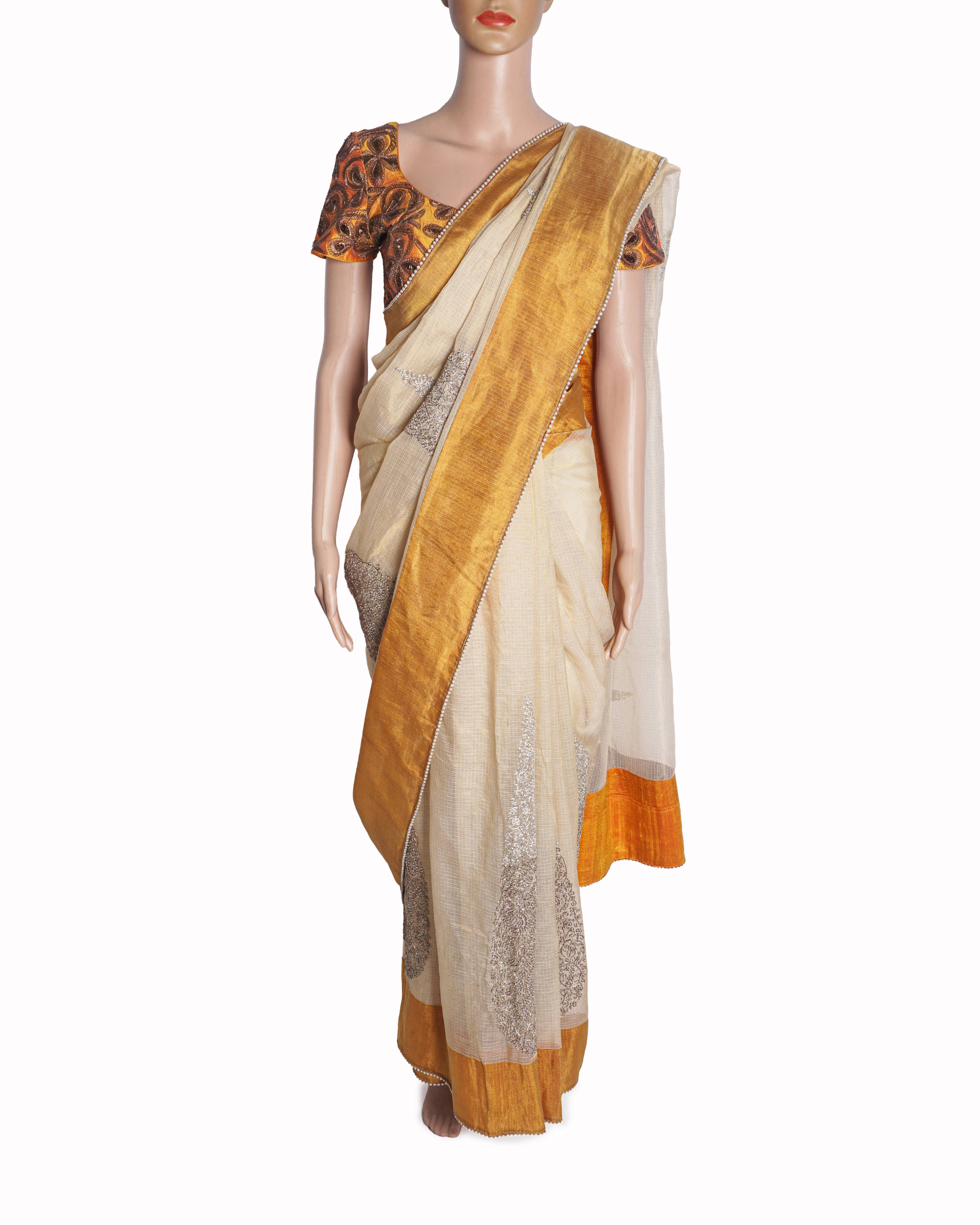 Anamika Khanna Beige Chanderi Silk Saree with Orange Embroidered Blouse