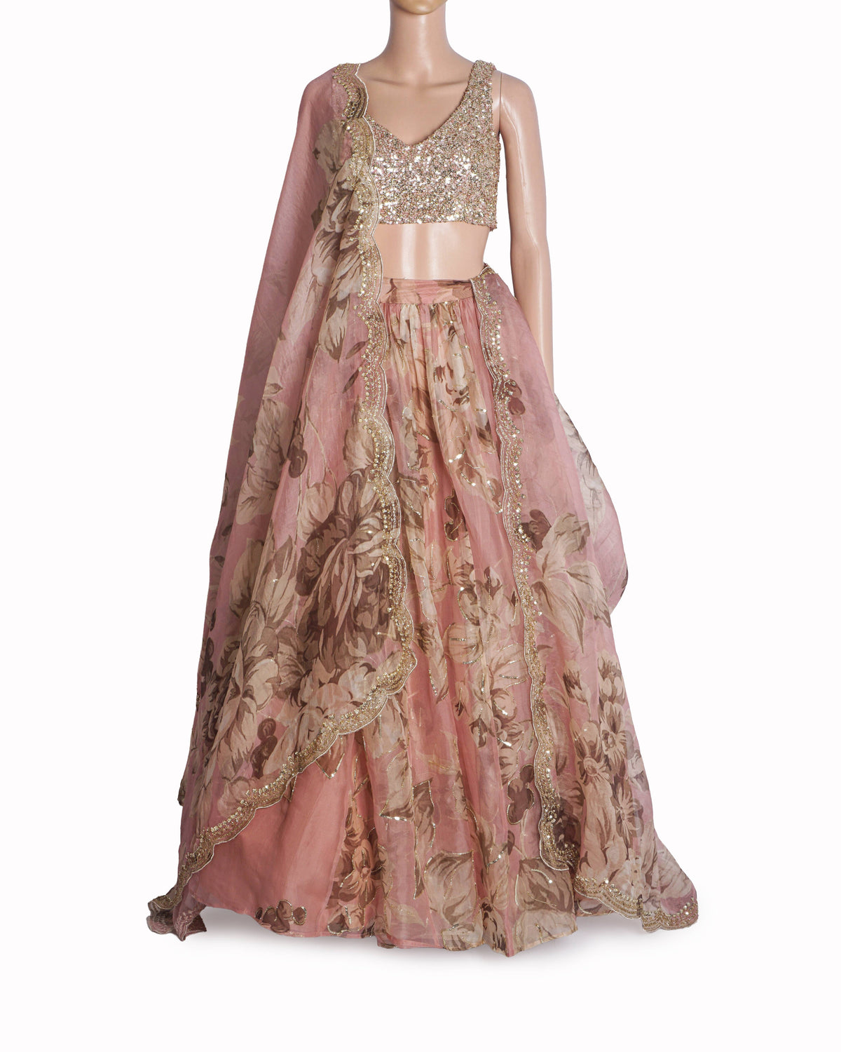 Astha Narang Pink Organza Floral Printed Lehenga Set