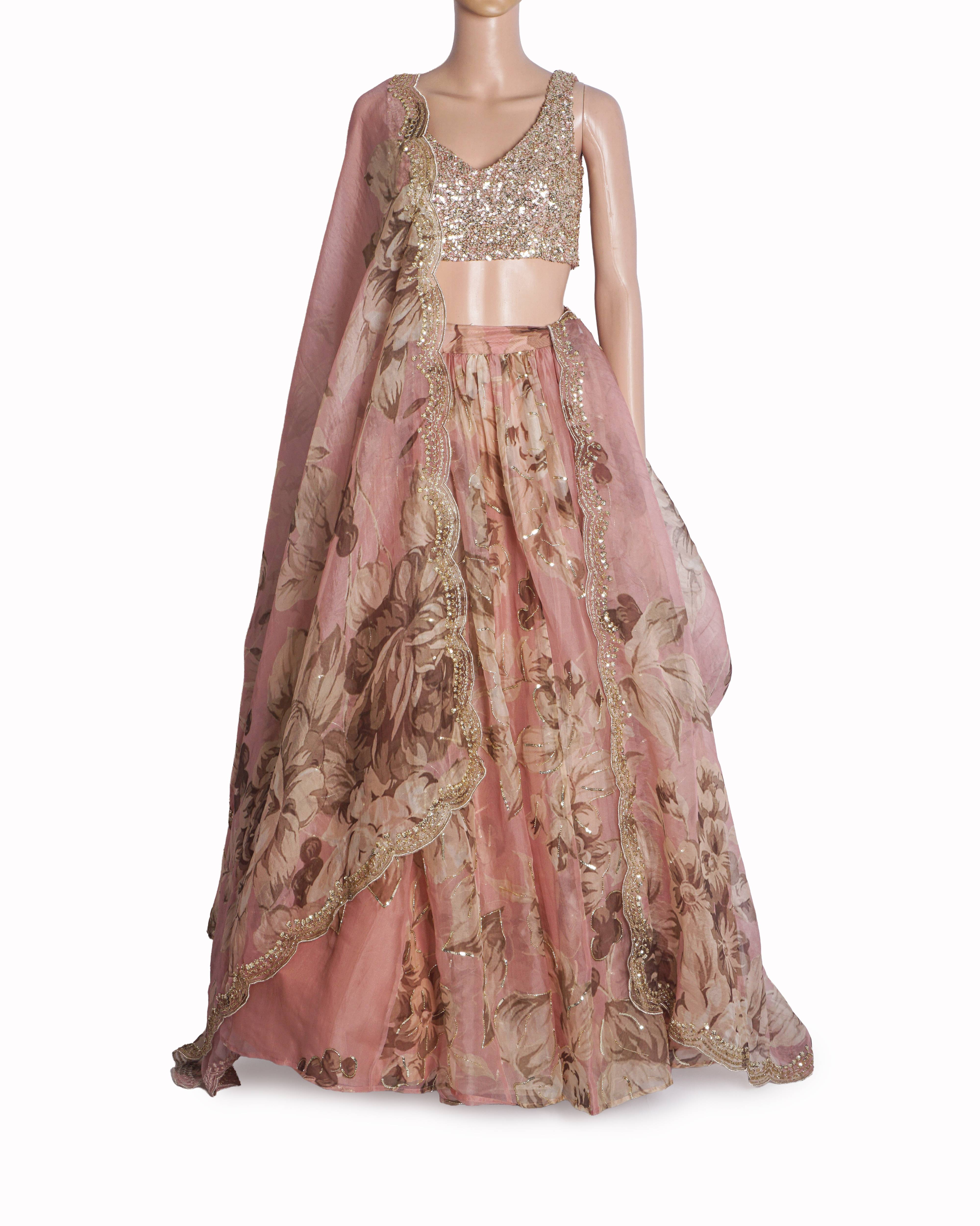 Astha Narang Pink Organza Floral Printed Lehenga Set