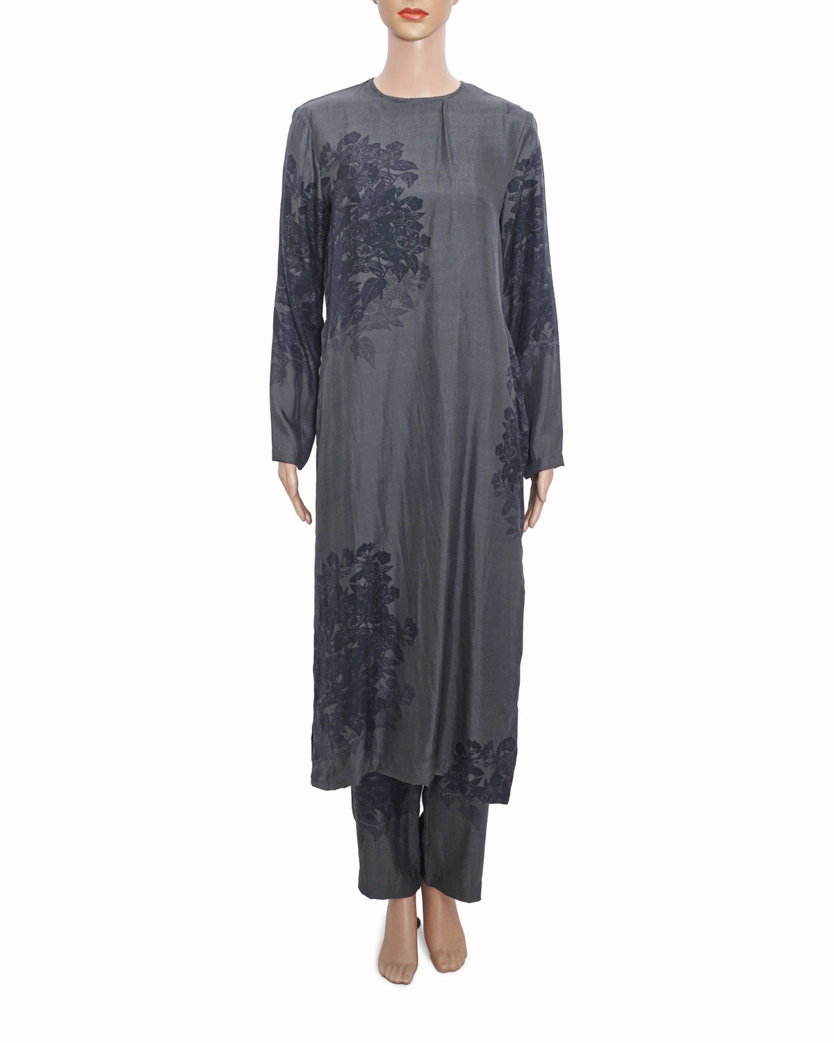 Raw Mango By Sanjay Garg Slate Grey Floral Jacquard Silk Tunic Set