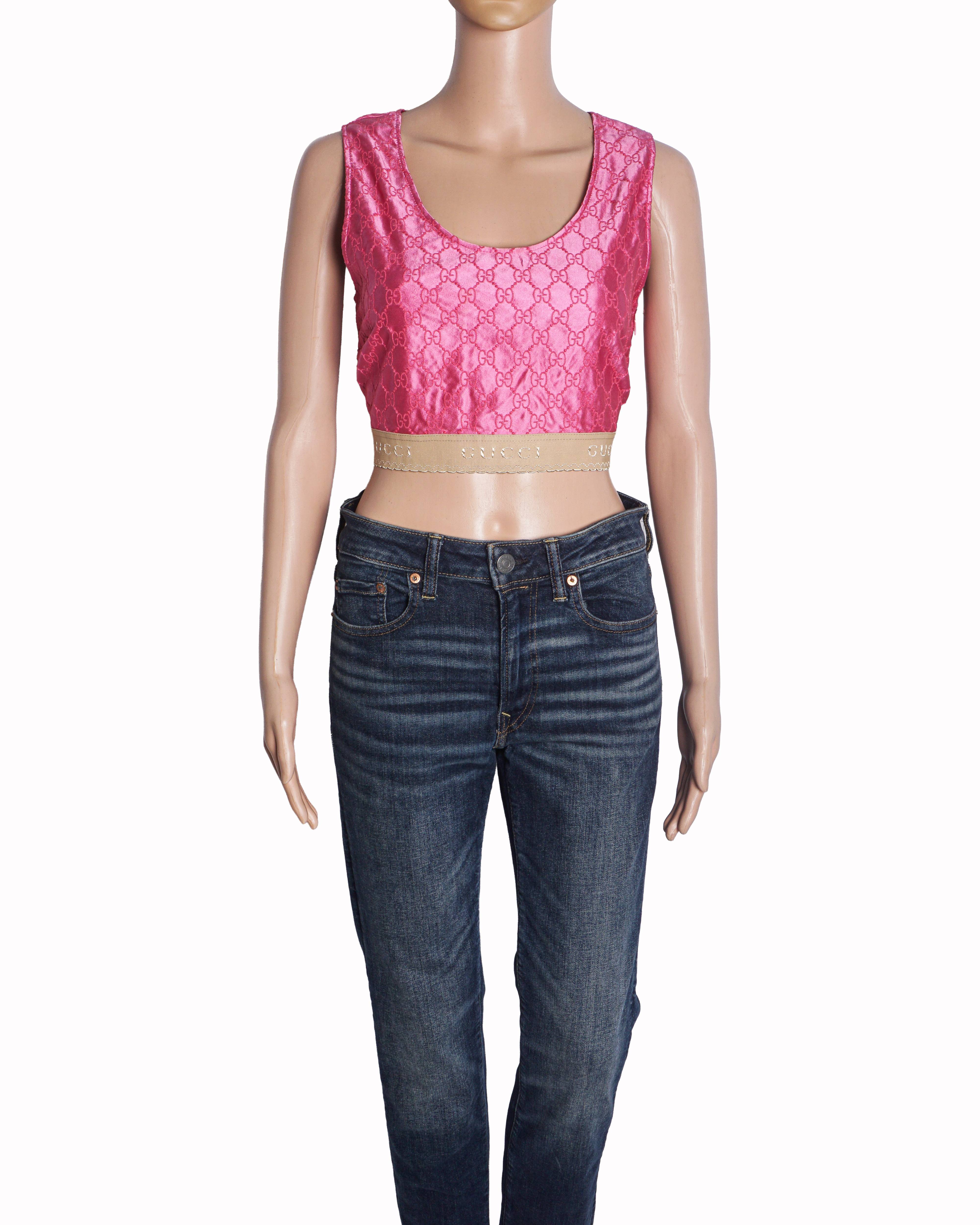 Gucci Pink GG Embroidered Silk Crop Top