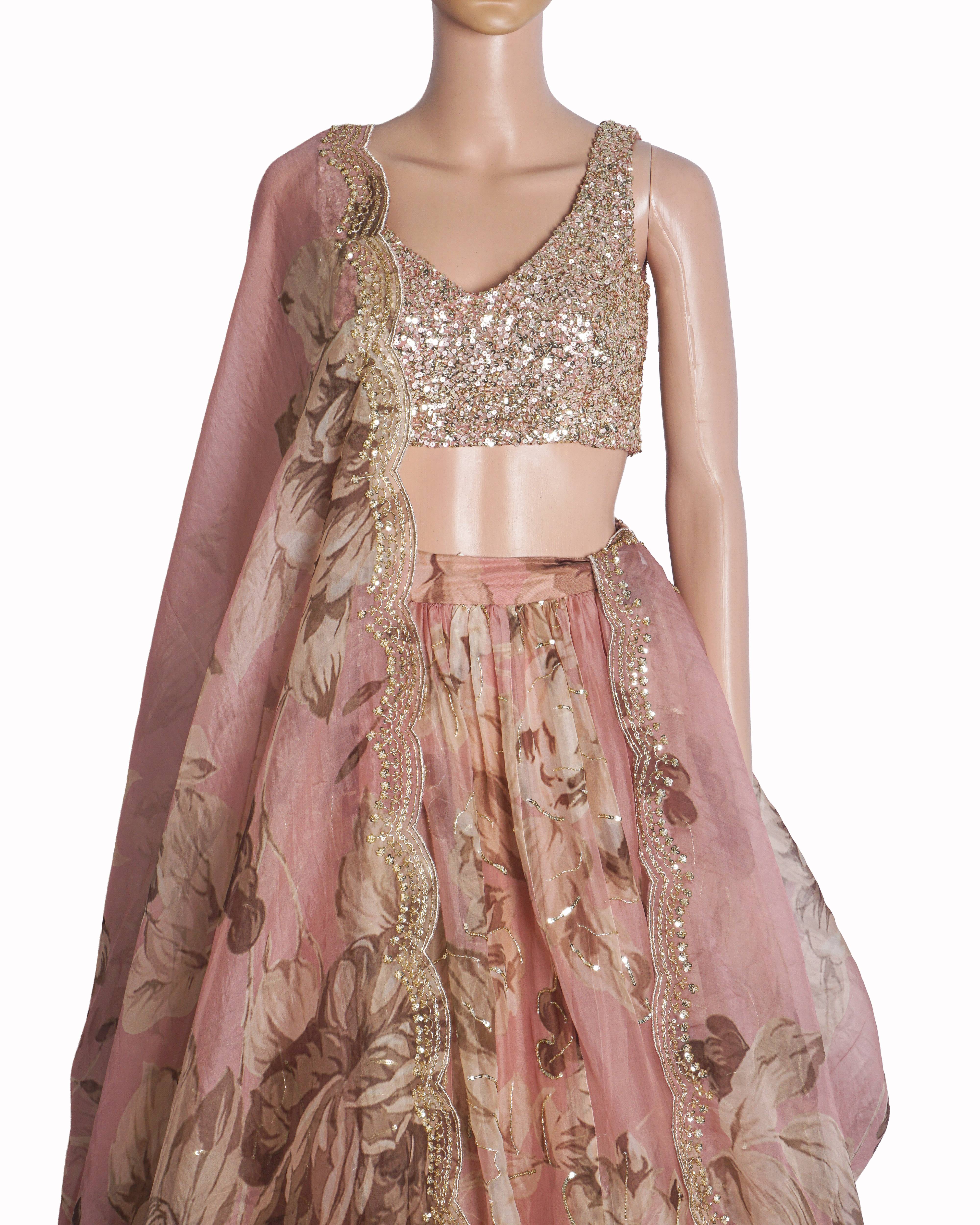 Astha Narang Pink Organza Floral Printed Lehenga Set