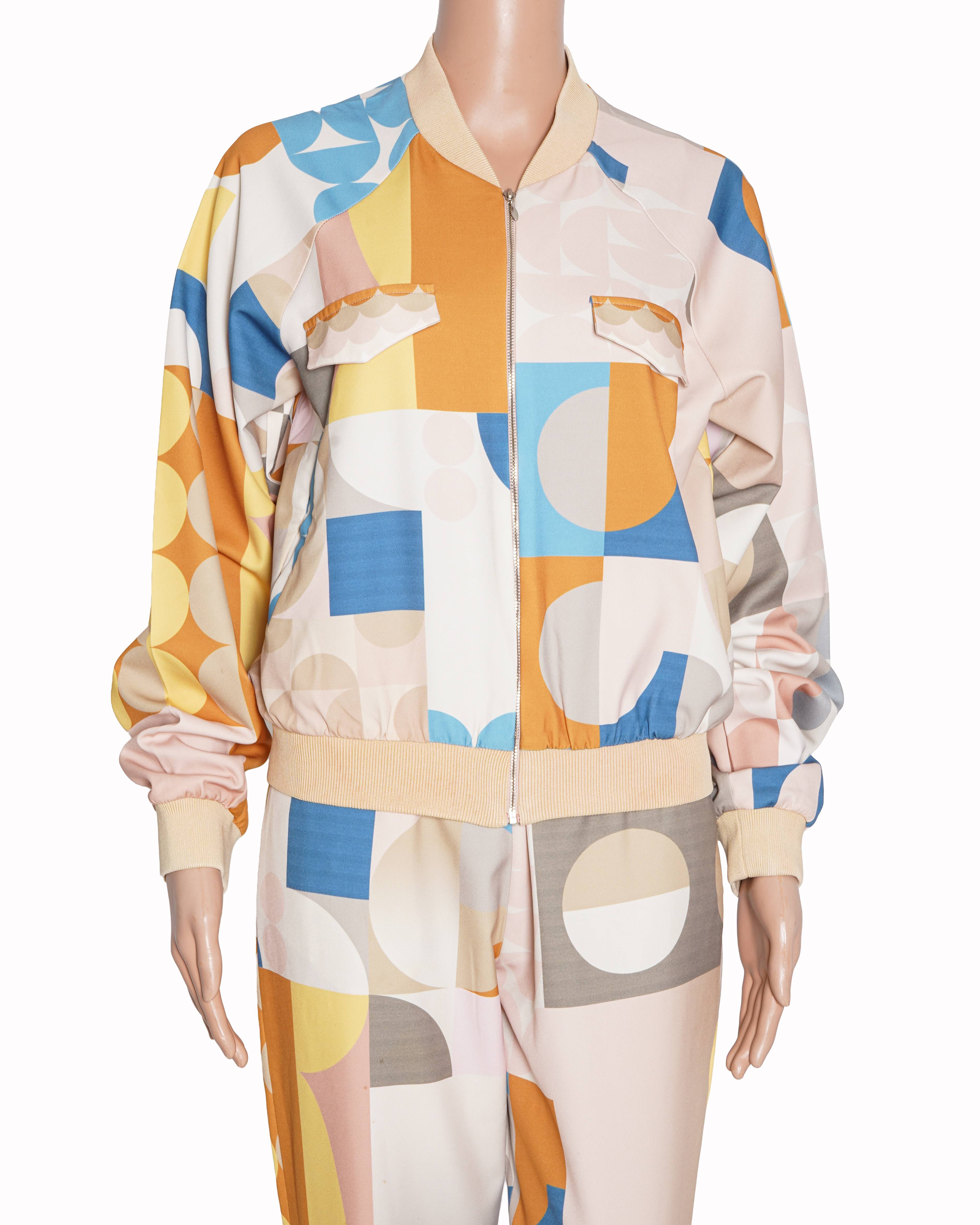 Pankaj & Nidhi Multi Color Polyester Band Collar Printed Bomber Jacket And Jogger Set