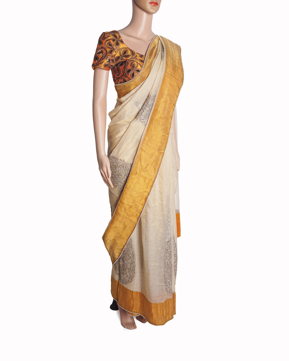 Anamika Khanna Beige Chanderi Silk Saree with Orange Embroidered Blouse