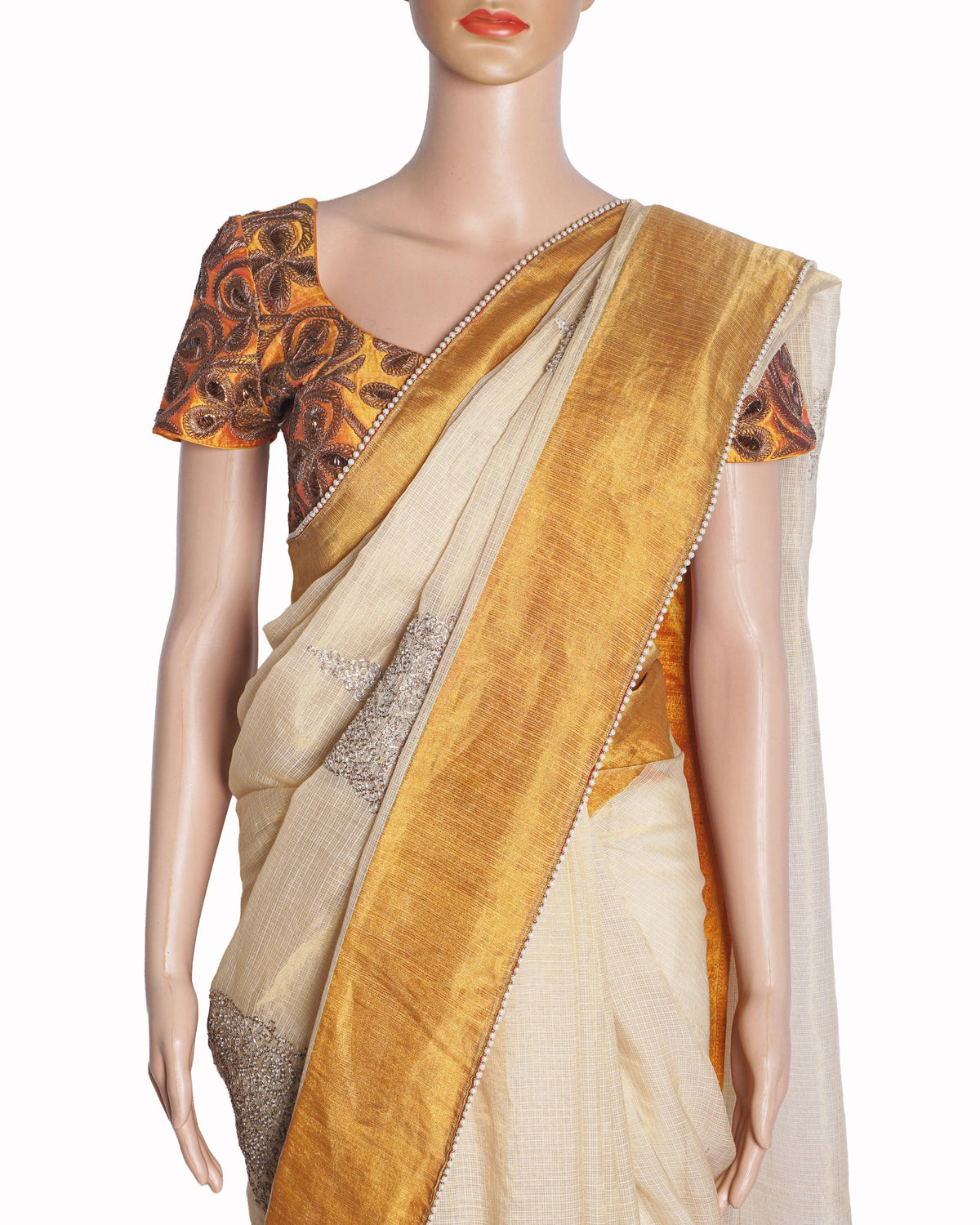 Anamika Khanna Beige Chanderi Silk Saree with Orange Embroidered Blouse