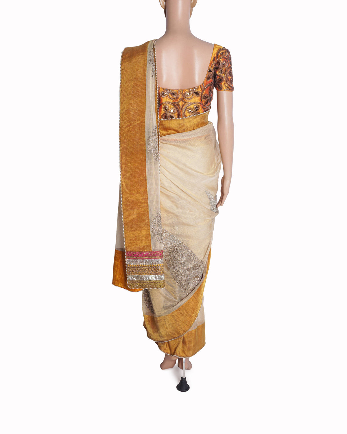 Anamika Khanna Beige Chanderi Silk Saree with Orange Embroidered Blouse