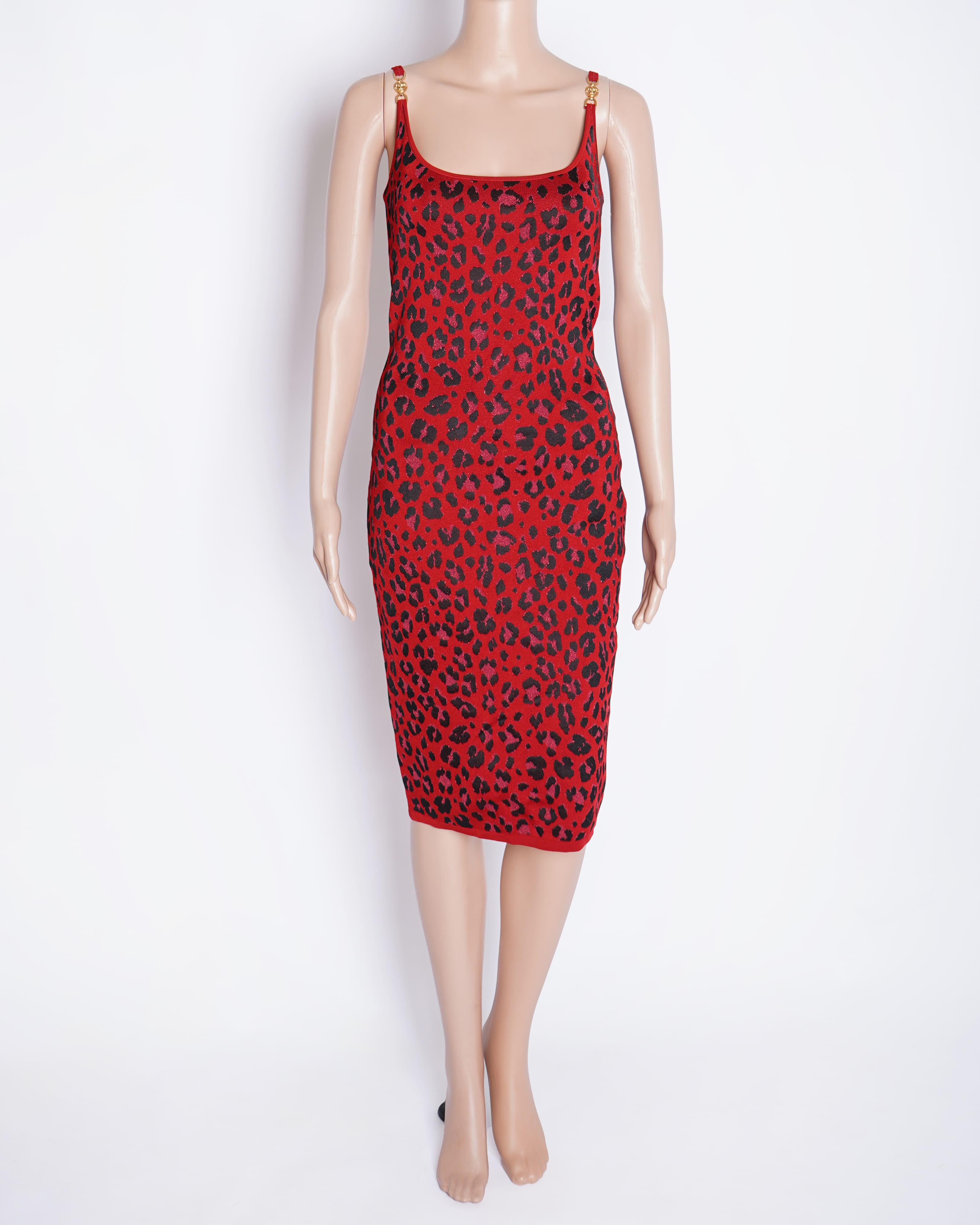 New Versace leopard lurex fitted knitted bodycon dress