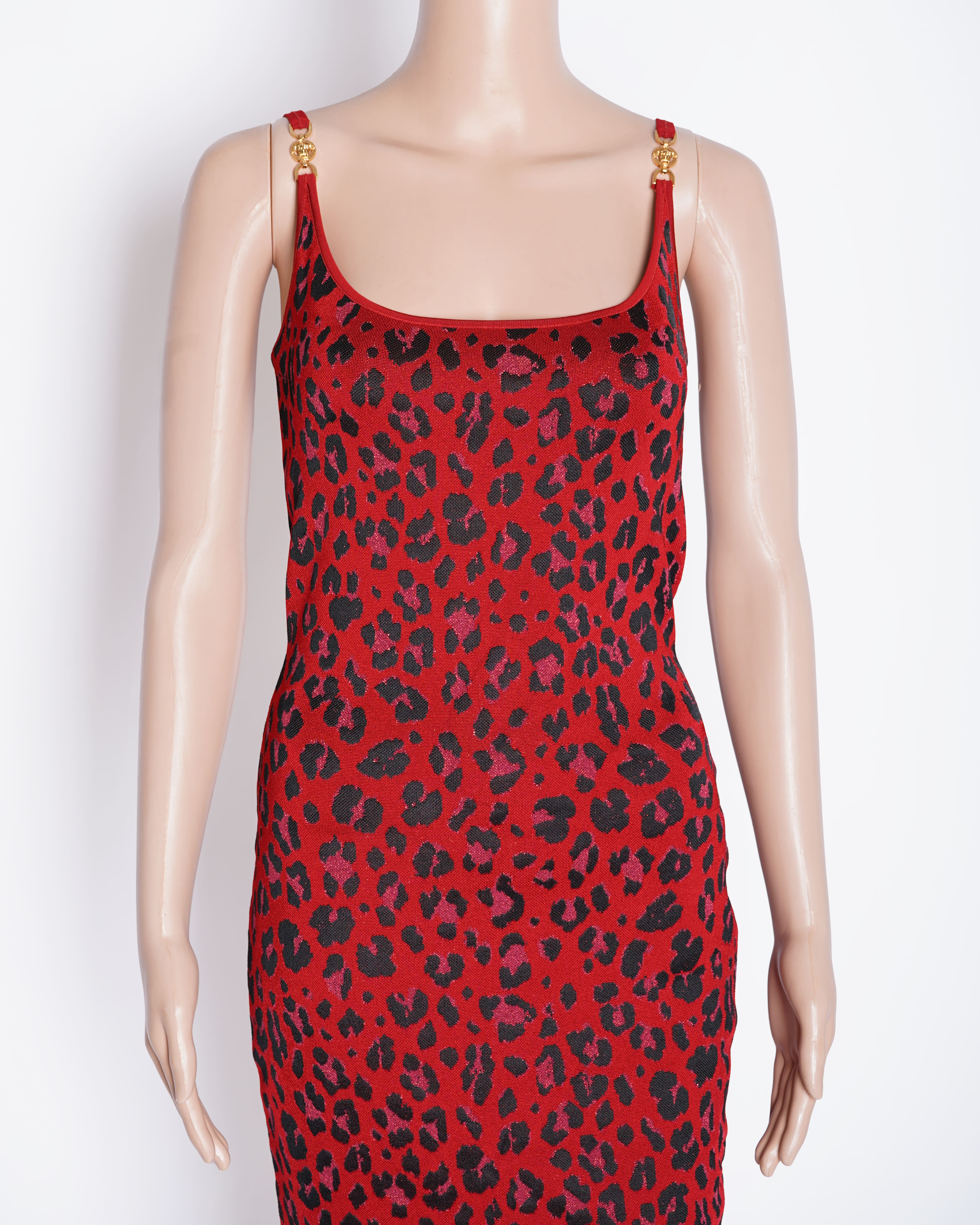New Versace leopard lurex fitted knitted bodycon dress