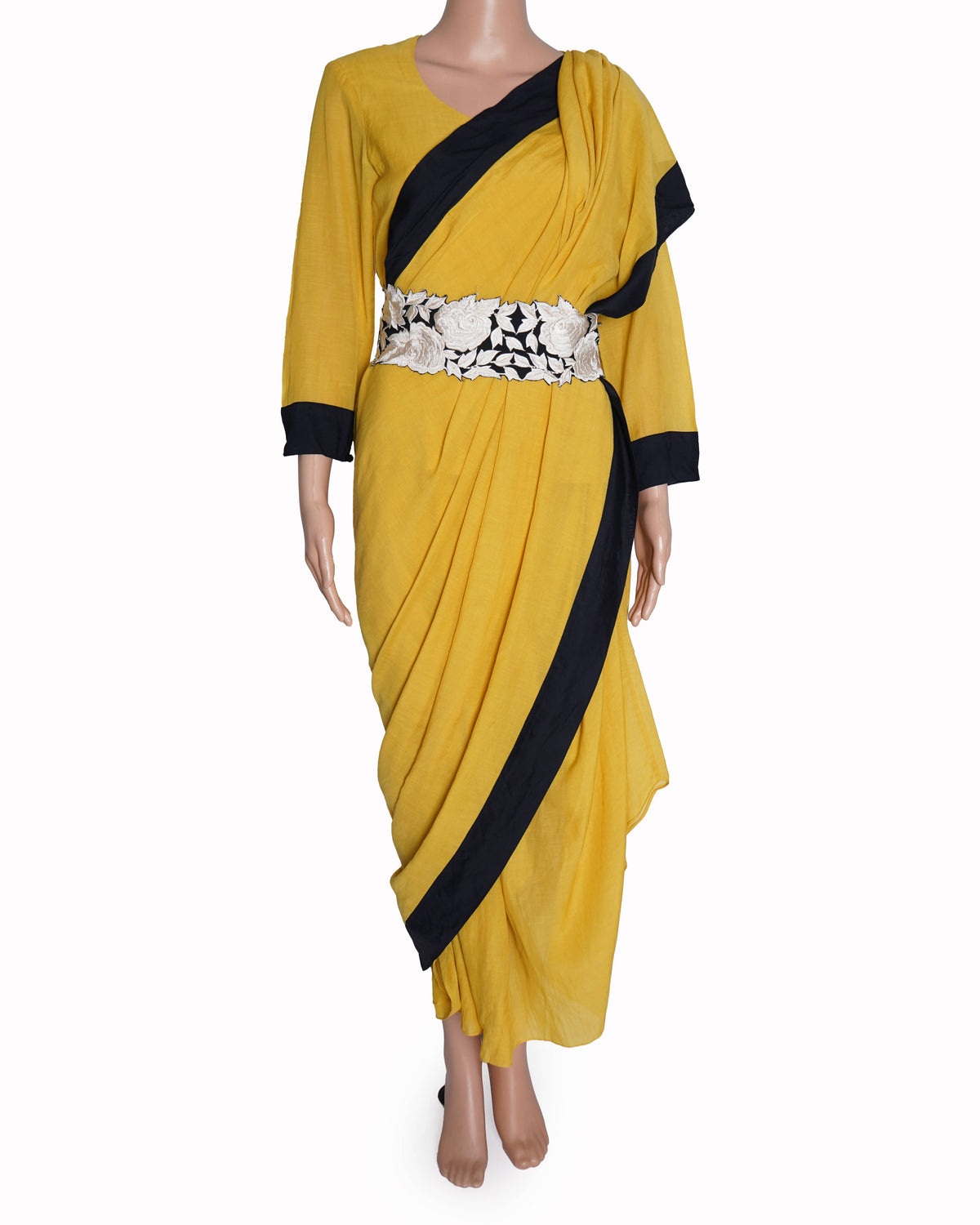 New Aikeyah Pre-Stitched yellow and black saree