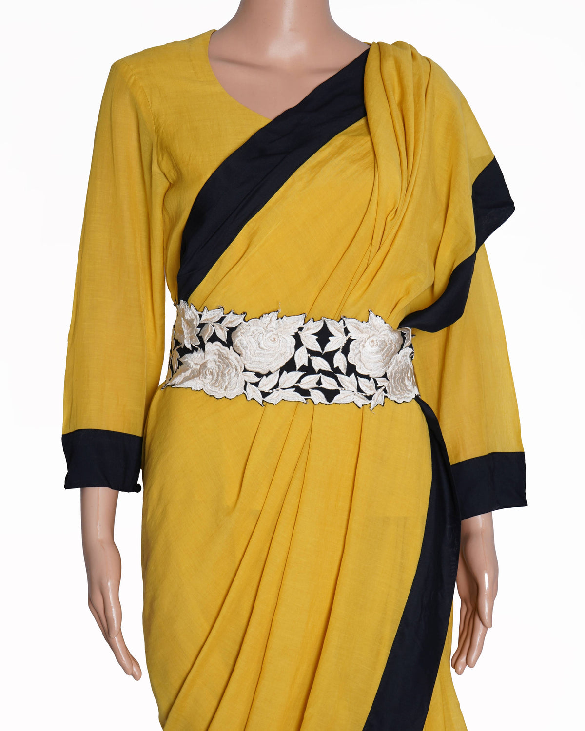 New Aikeyah Pre-Stitched yellow and black saree