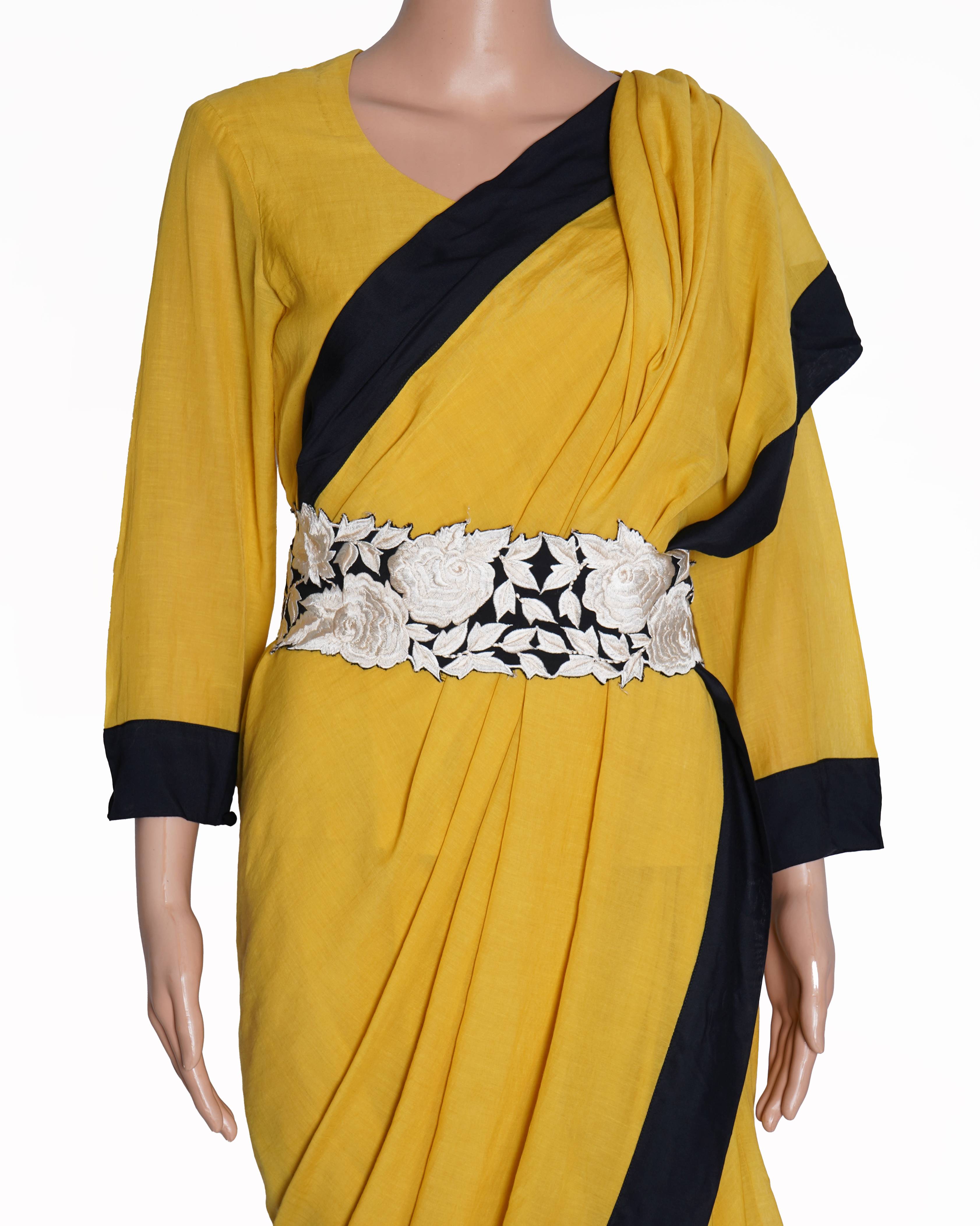 New Aikeyah Pre-Stitched yellow and black saree