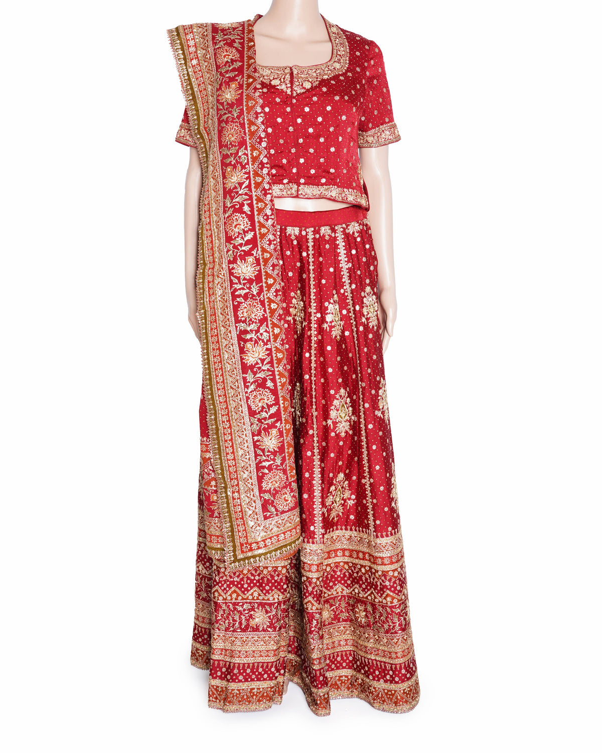Ritu Kumar Bridal Lehenga Set In red WIth Floral Embroidered Detail