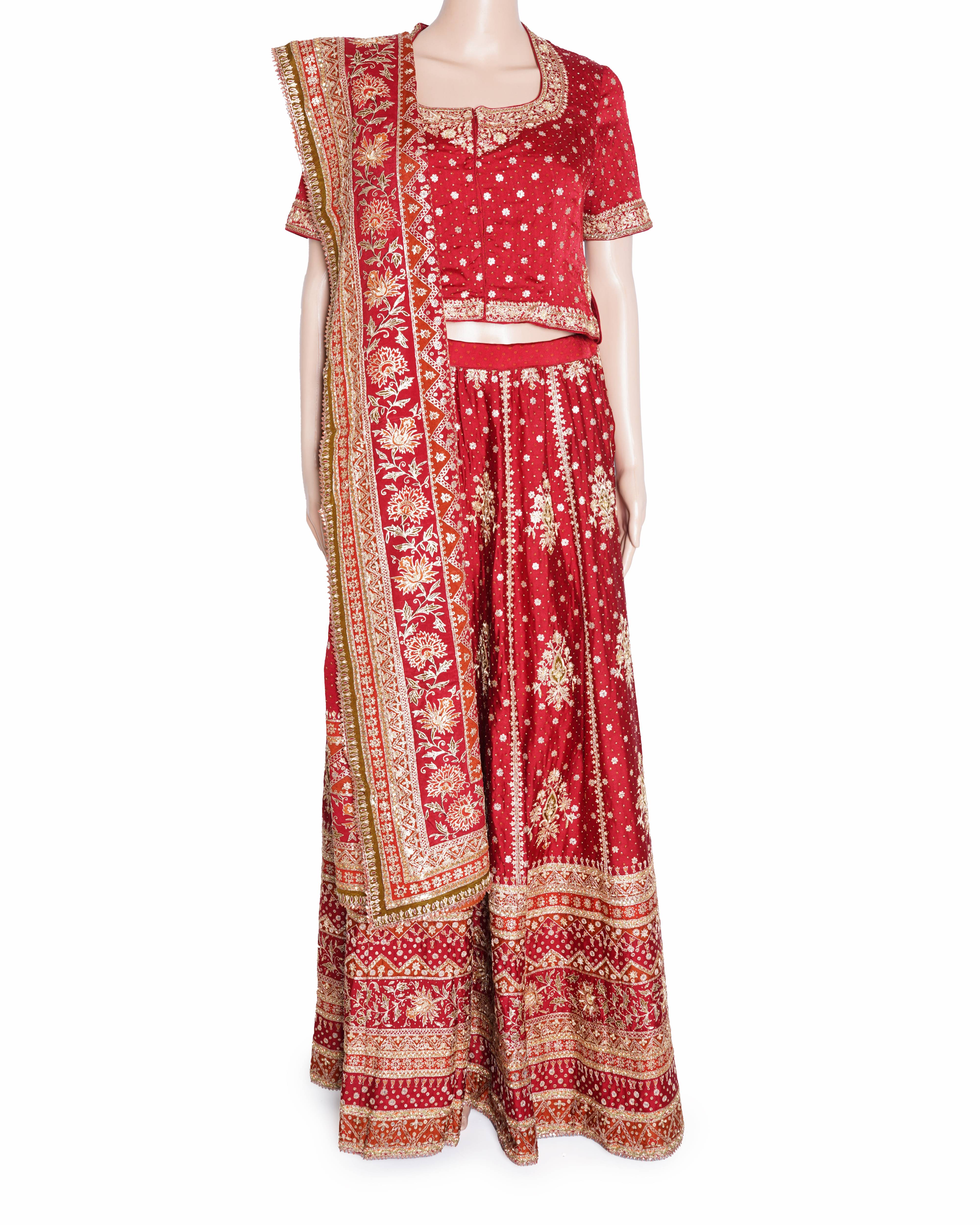 Ritu Kumar Bridal Lehenga Set In red WIth Floral Embroidered Detail
