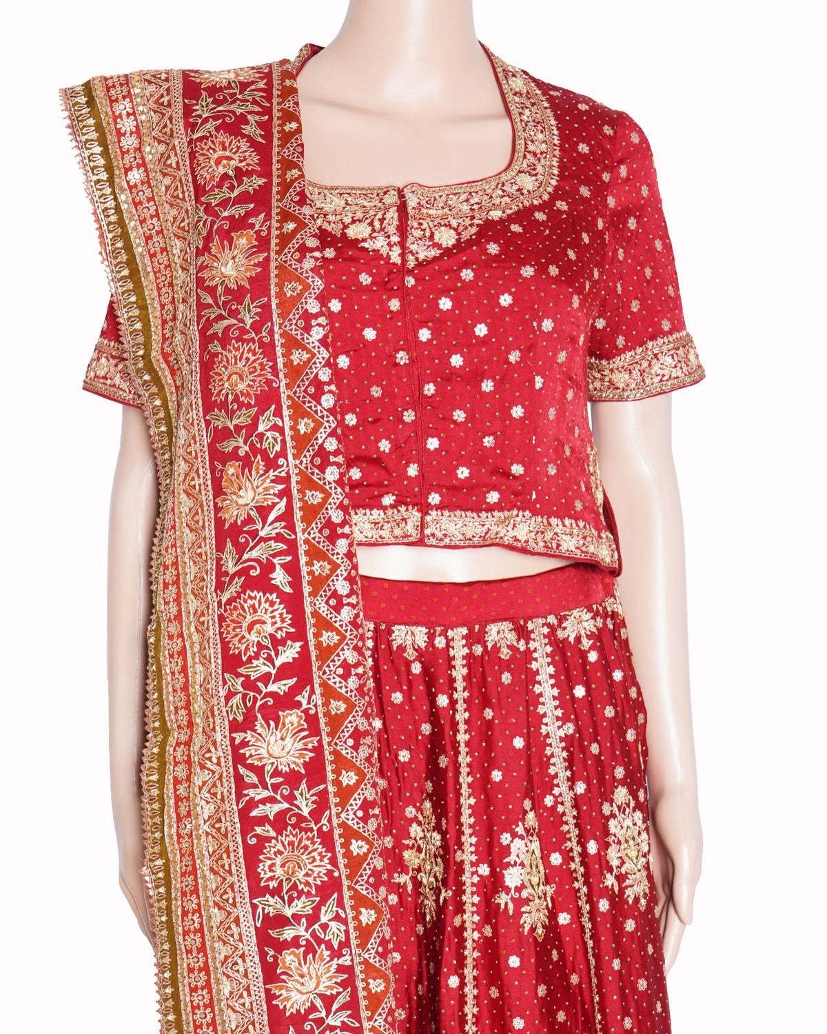 Ritu Kumar Bridal Lehenga Set In red WIth Floral Embroidered Detail