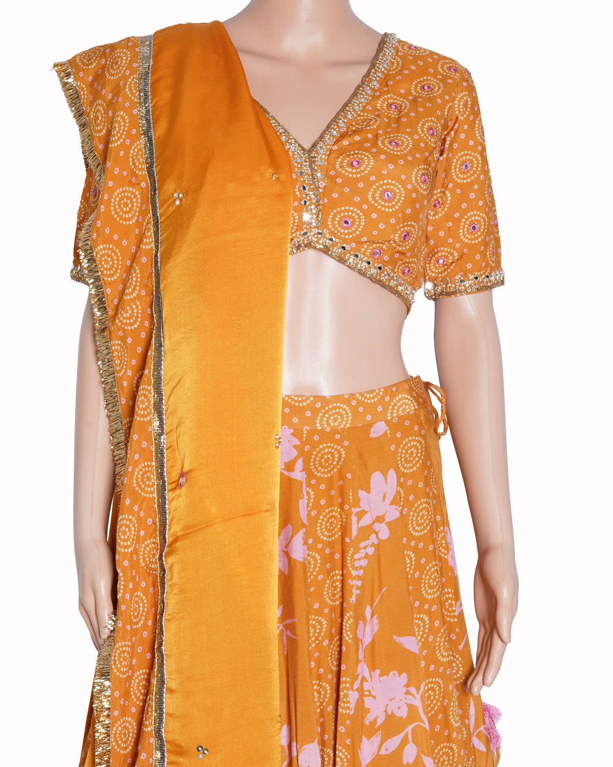 New Ridhiee Suuri Rangreza 2.0 Bandhani Mustard Lehenga with Embroidered Blouse and Satin Silk Dupatta Set of 3