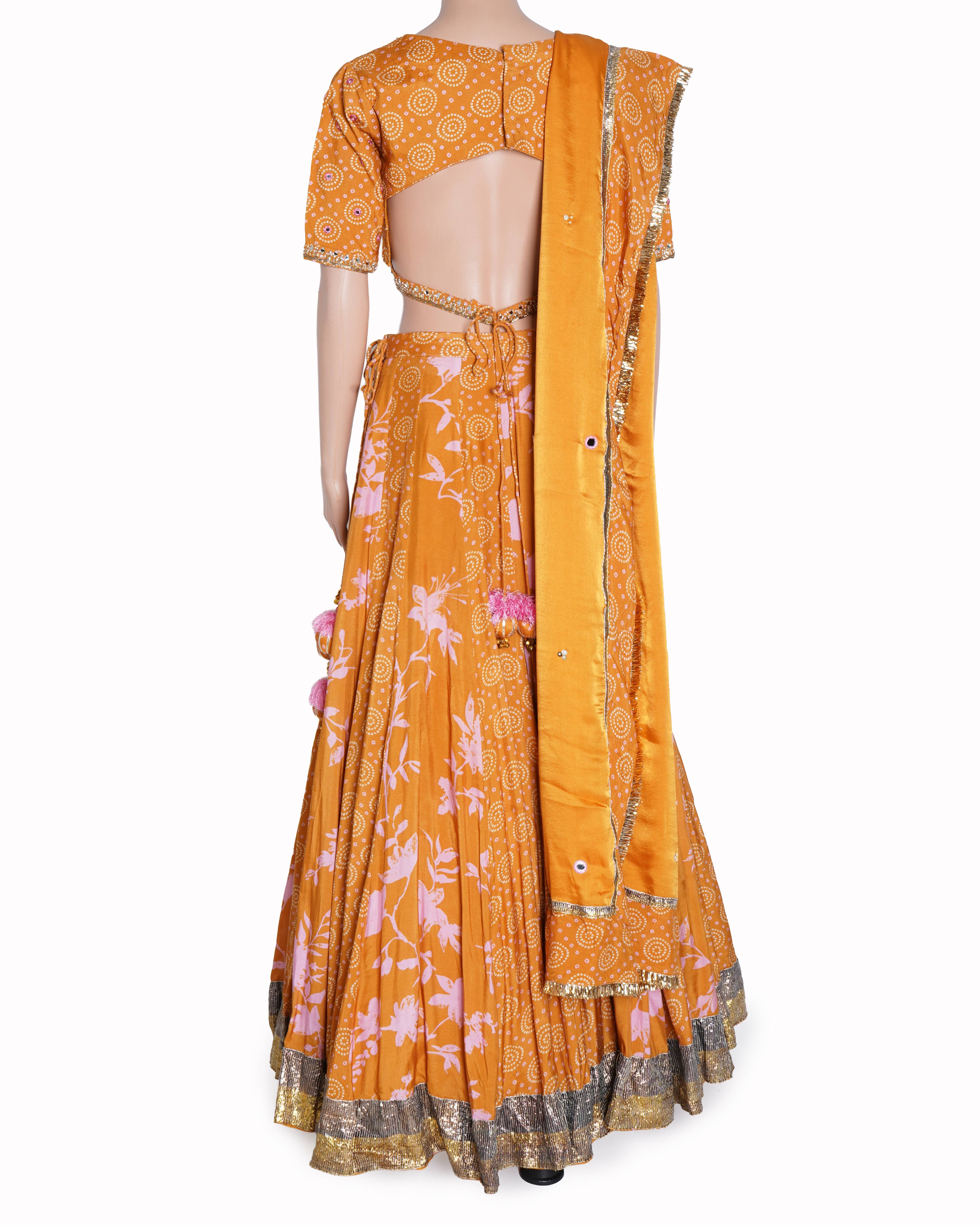 New Ridhiee Suuri Rangreza 2.0 Bandhani Mustard Lehenga with Embroidered Blouse and Satin Silk Dupatta Set of 3