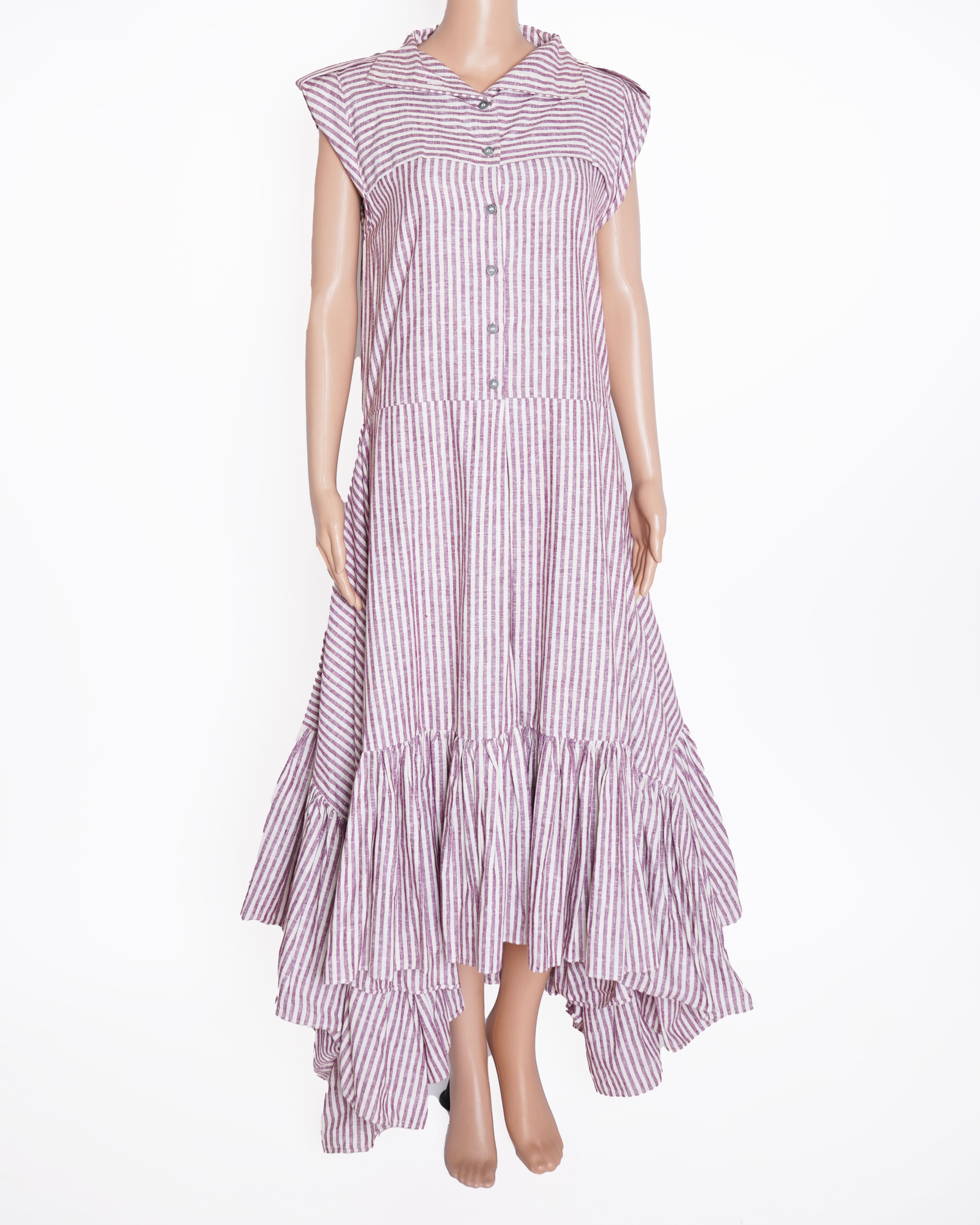 Chola Vertical Stripes Asymmetric Dress With Frill Detailing