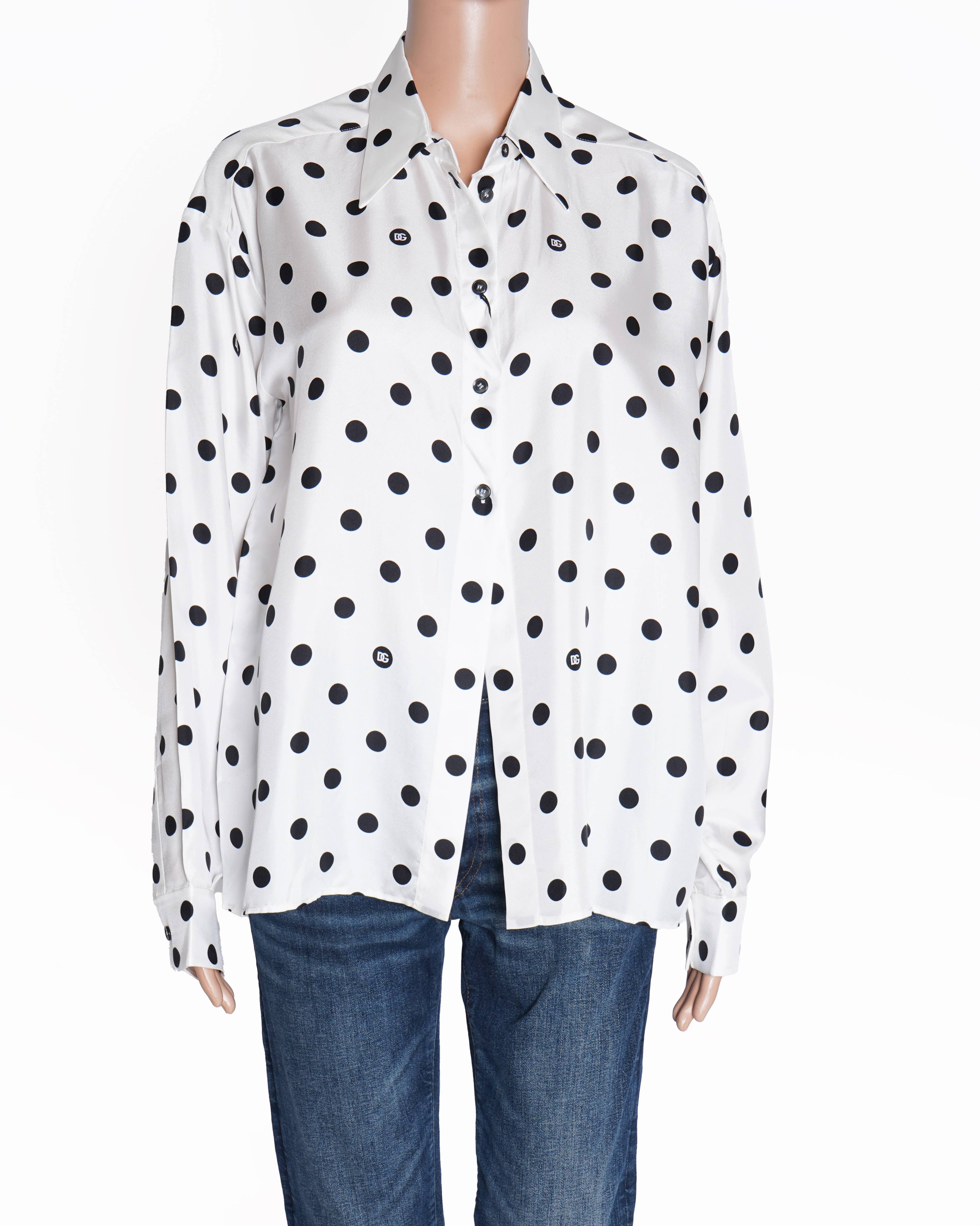 New Dolce & Gabbana White Full Sleeve Shirt With Black Polka Dot