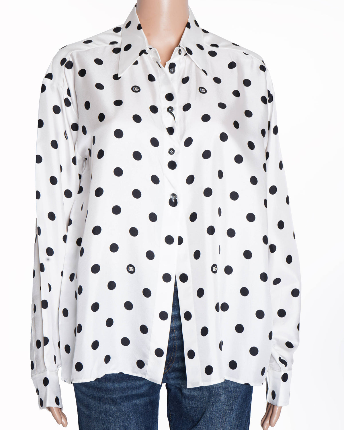 New Dolce & Gabbana White Full Sleeve Shirt With Black Polka Dot