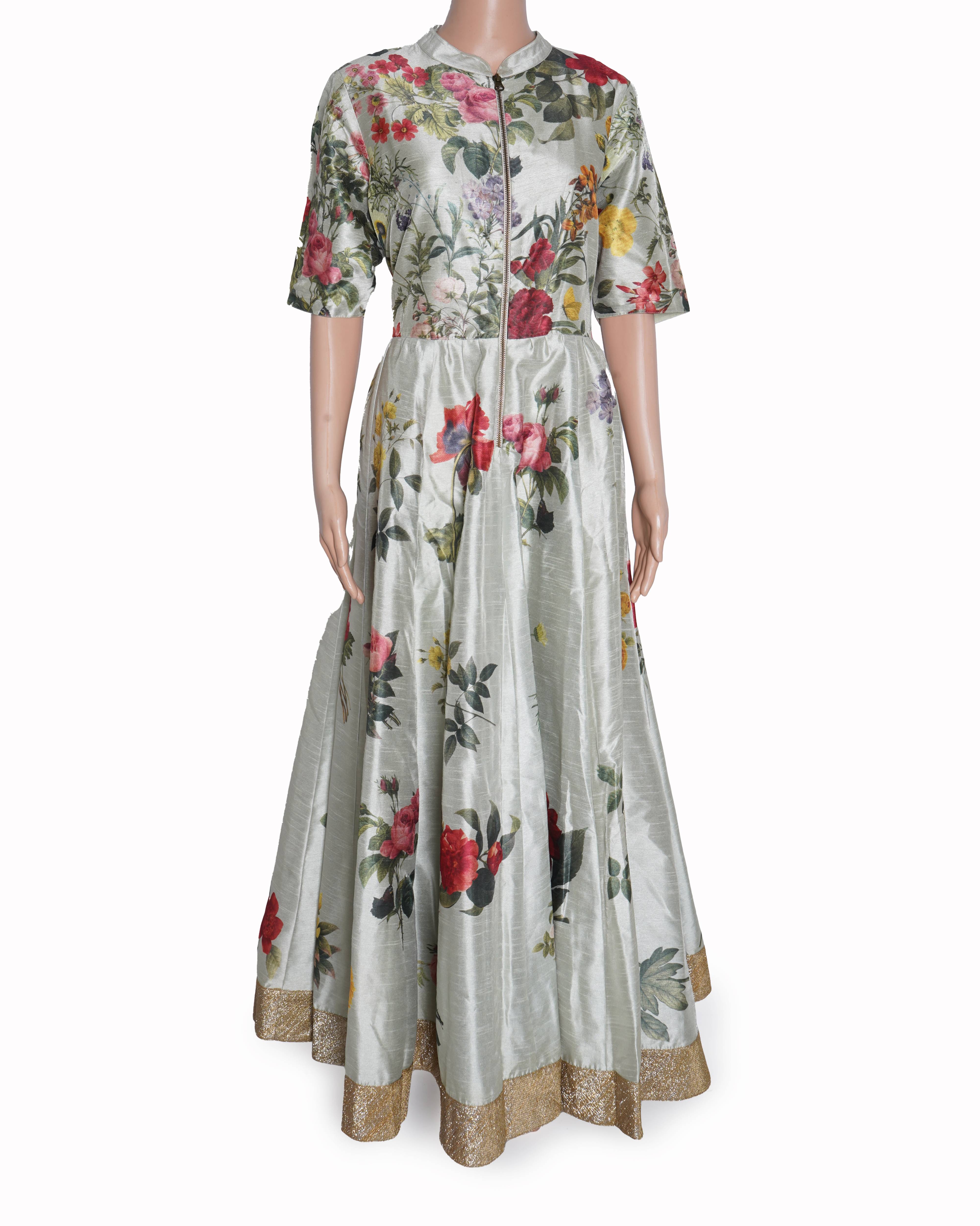 Ritu Kumar Floral Printed Half Sleeve Gown WIth Front Zipper