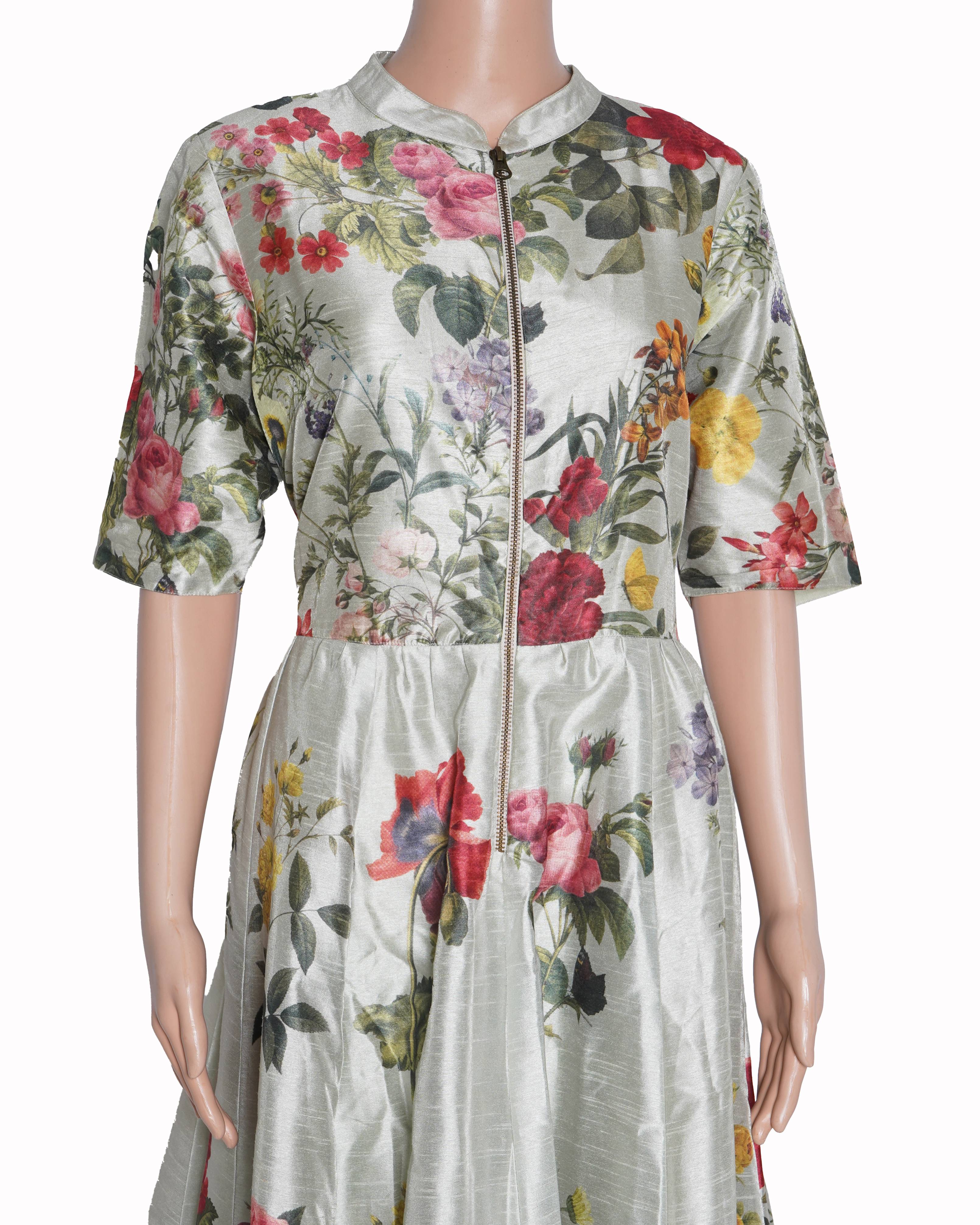 Ritu Kumar Floral Printed Half Sleeve Gown WIth Front Zipper