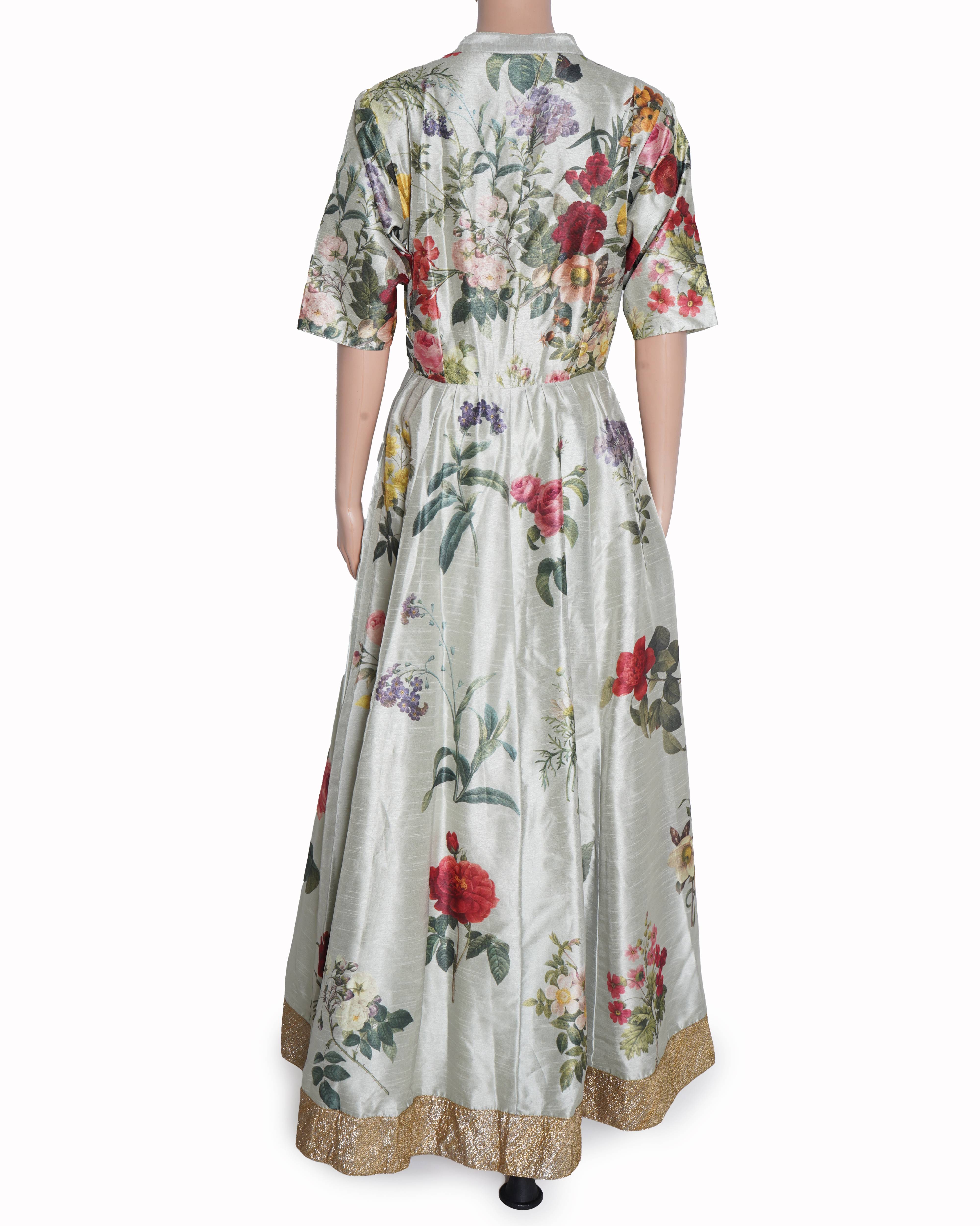 Ritu Kumar Floral Printed Half Sleeve Gown WIth Front Zipper