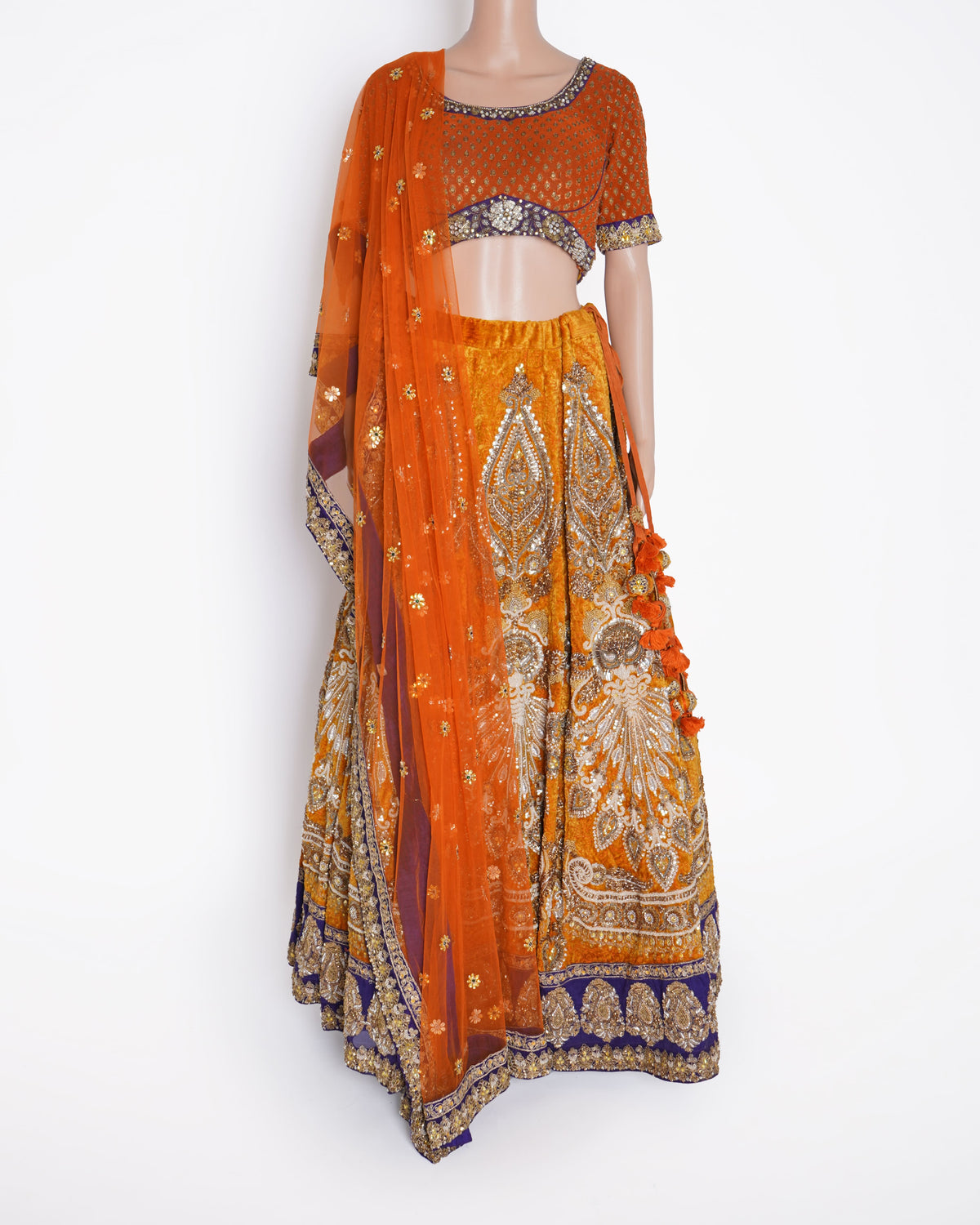 Sabyasachi Embroidered Lehenga Set In Orange & Yellow WIth Dupatta