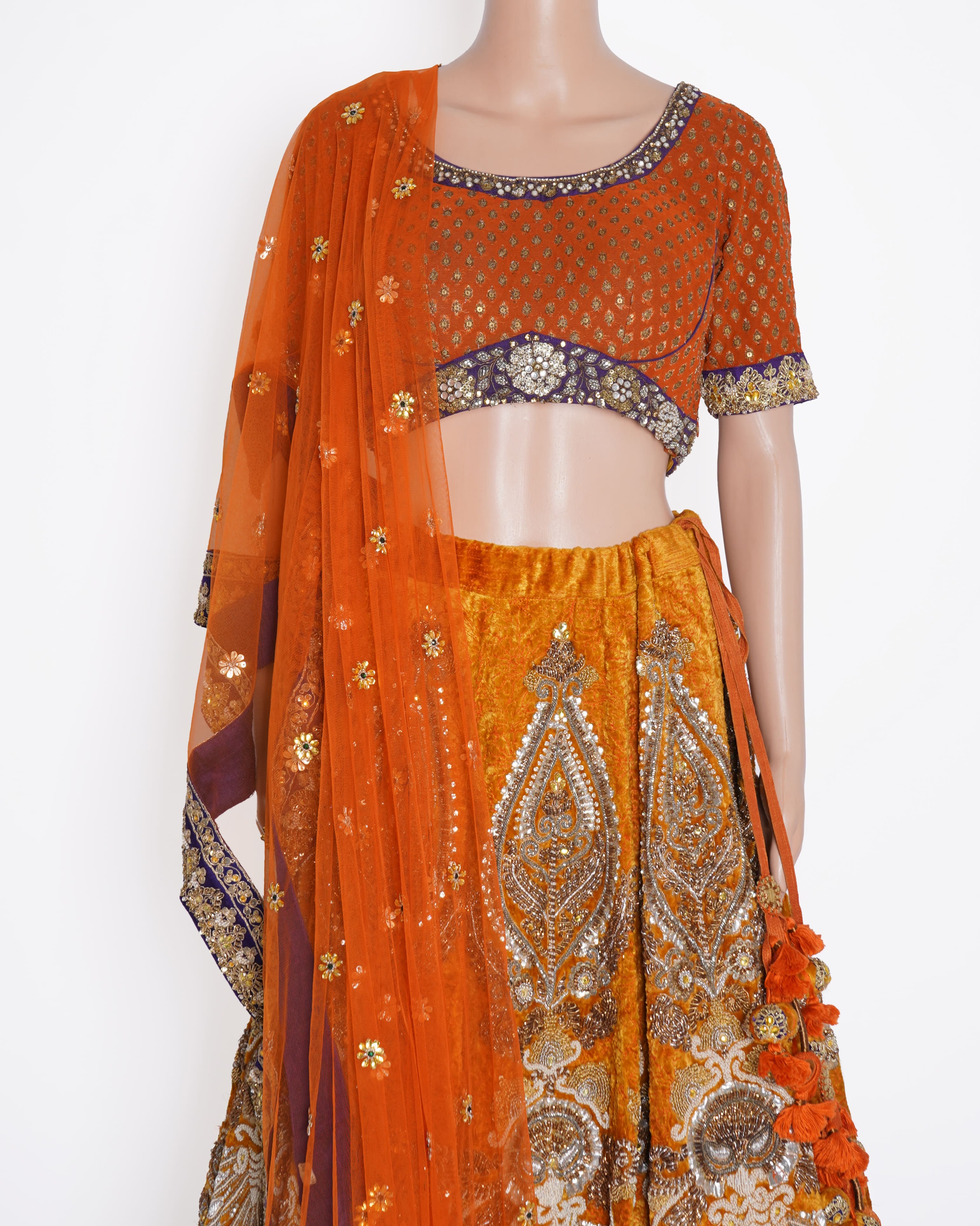 Sabyasachi Embroidered Lehenga Set In Orange & Yellow WIth Dupatta