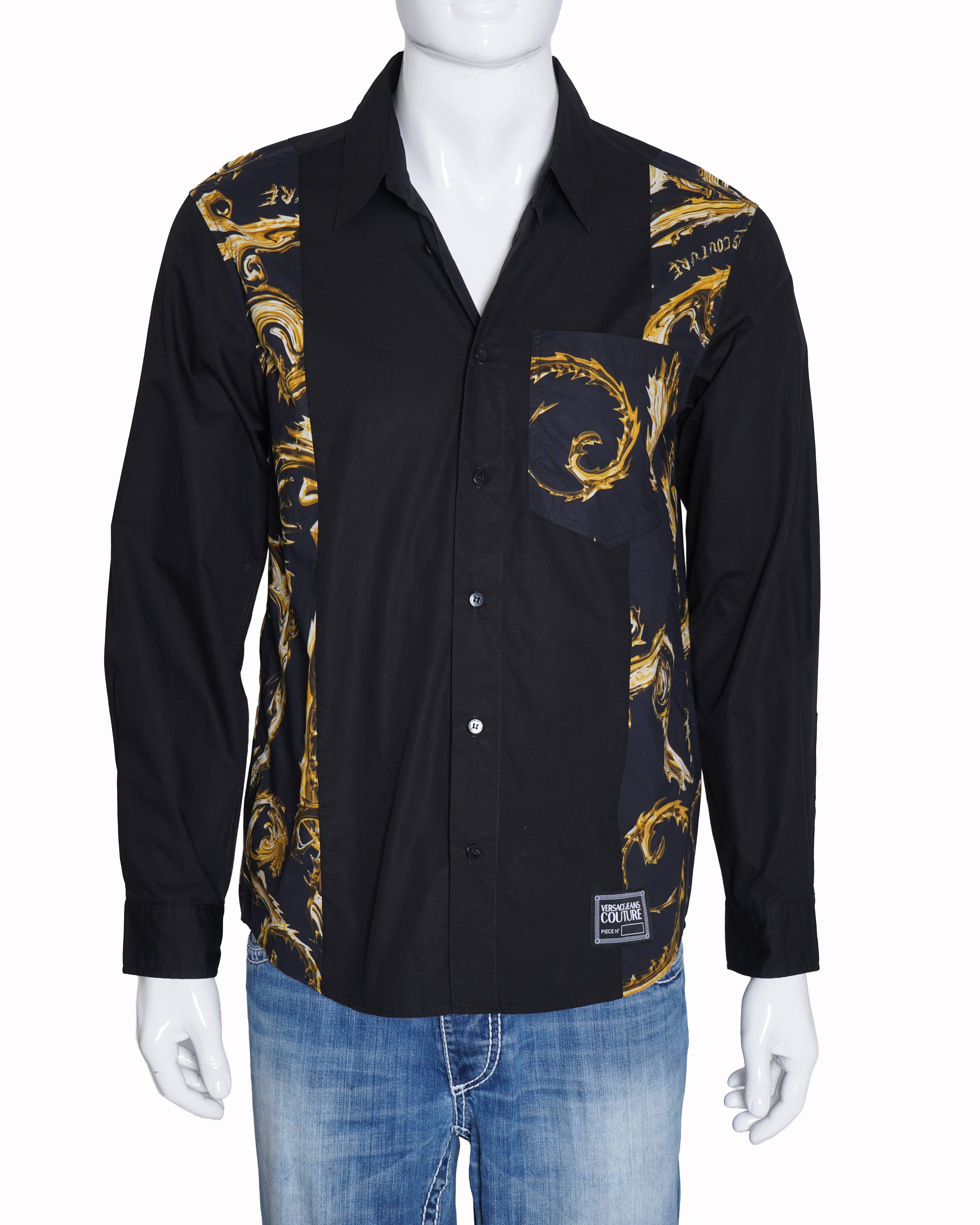 New Versace Jeans Couture Men's Printed Button Down Shirt In Black
