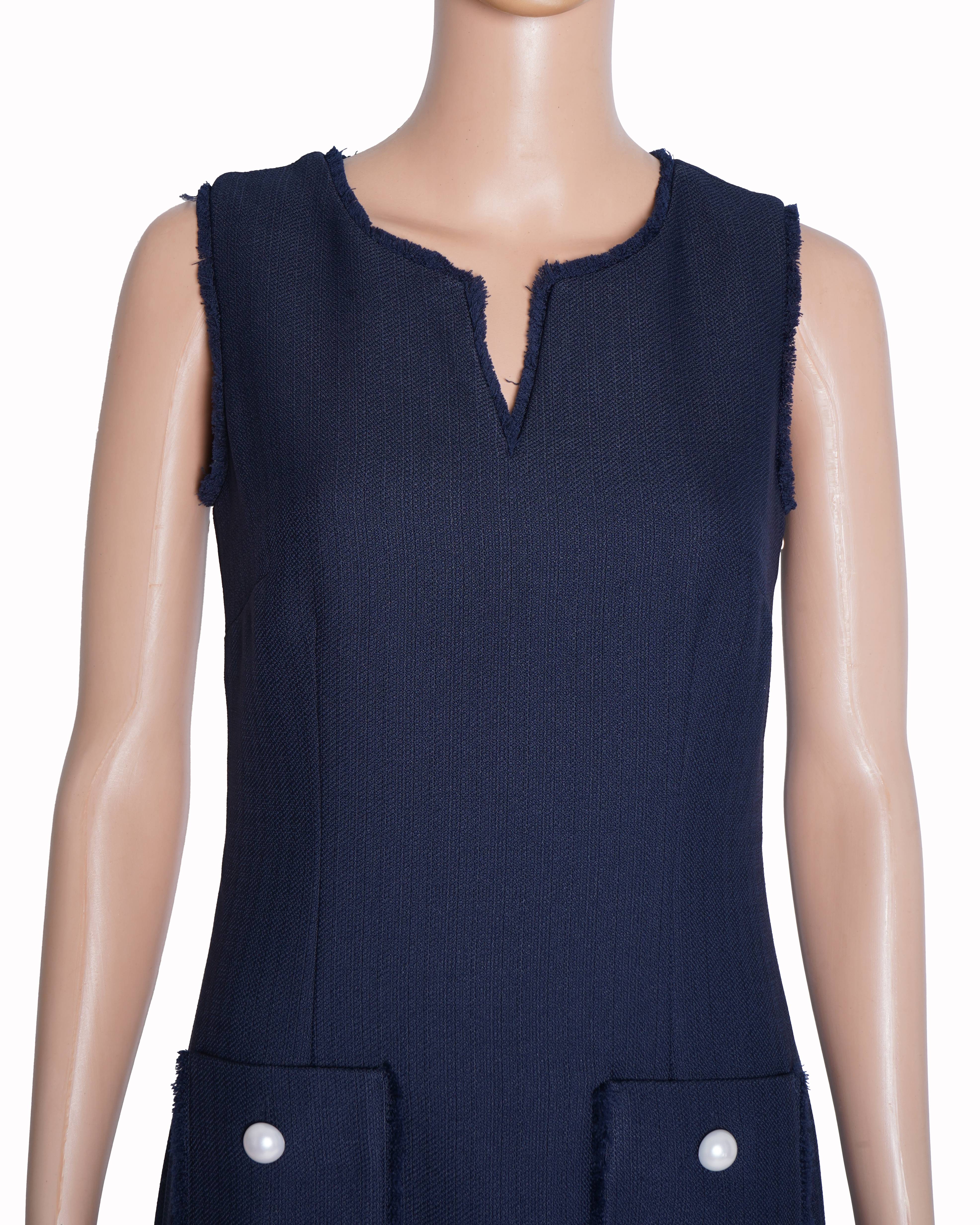 Karl Lagerfeld Paris Navy Blue Tweed Sleeveless Fringe Sheath Dress
