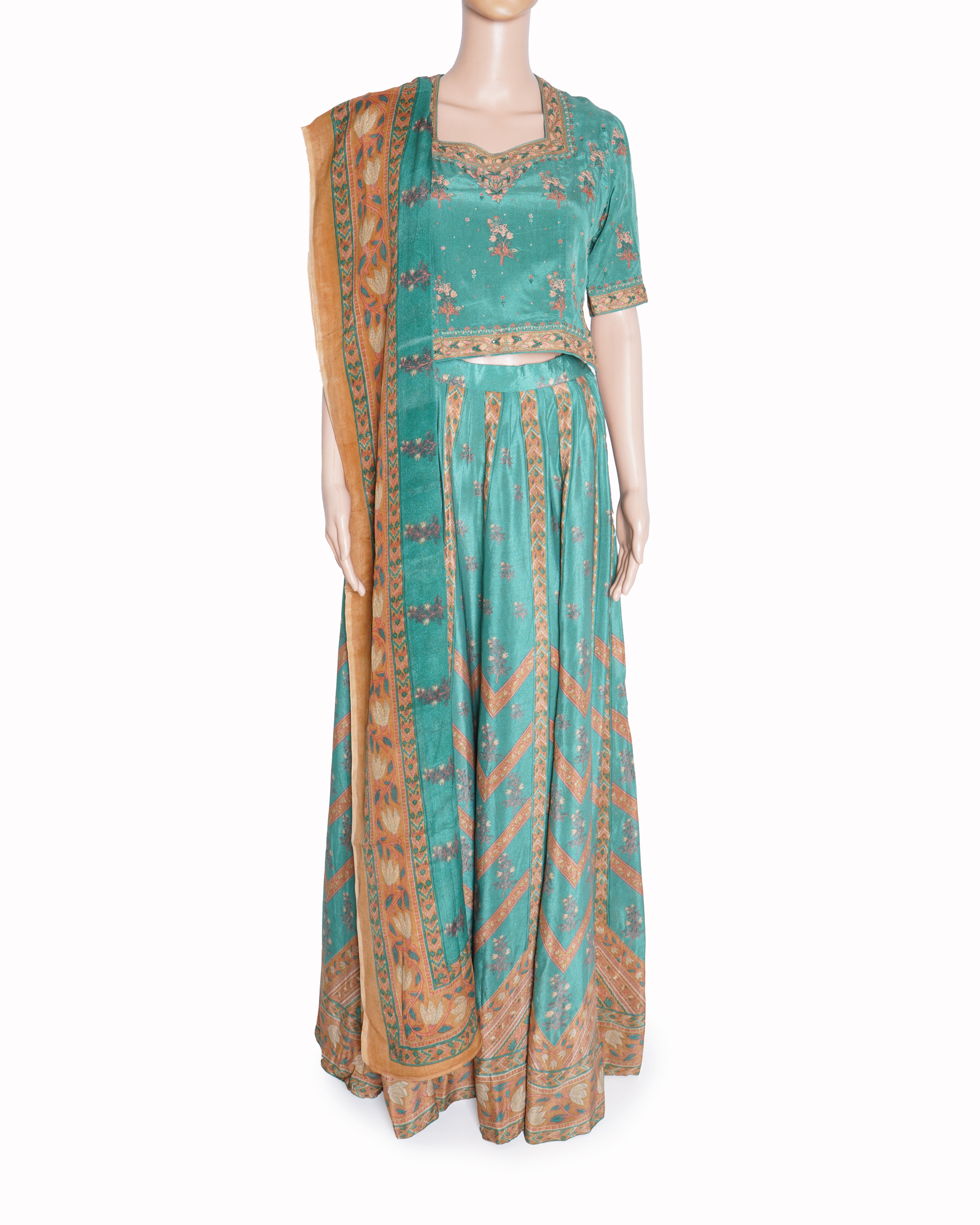 Ritu Kumar Sage Green Embroidered Silk Lehenga Set In Blue